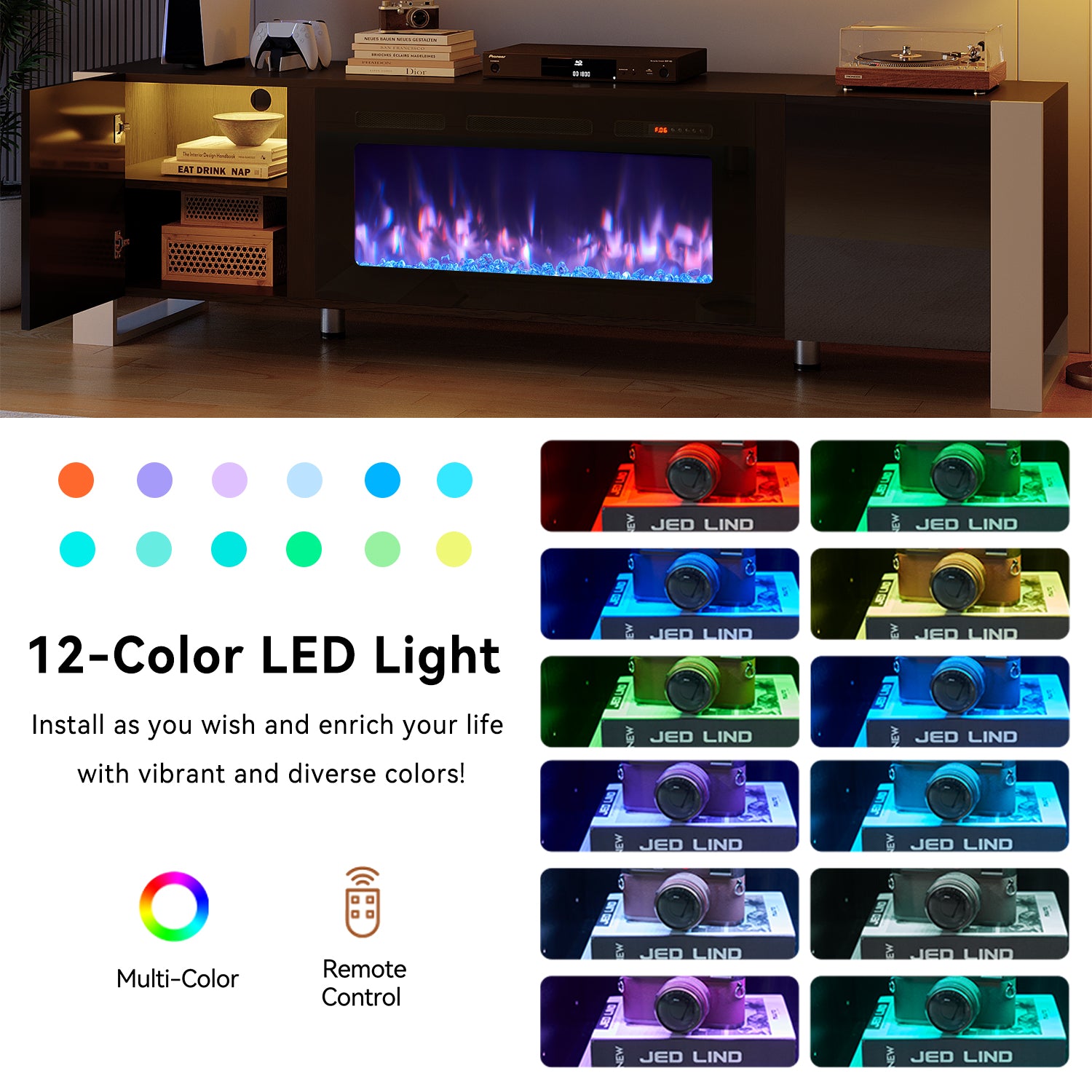 Sunmthink Fireplace TV Stand for TVs up to 80", 70" TV Stand with 36" Electric Fireplace, Entertainment Center with LED Lights, Black & Black