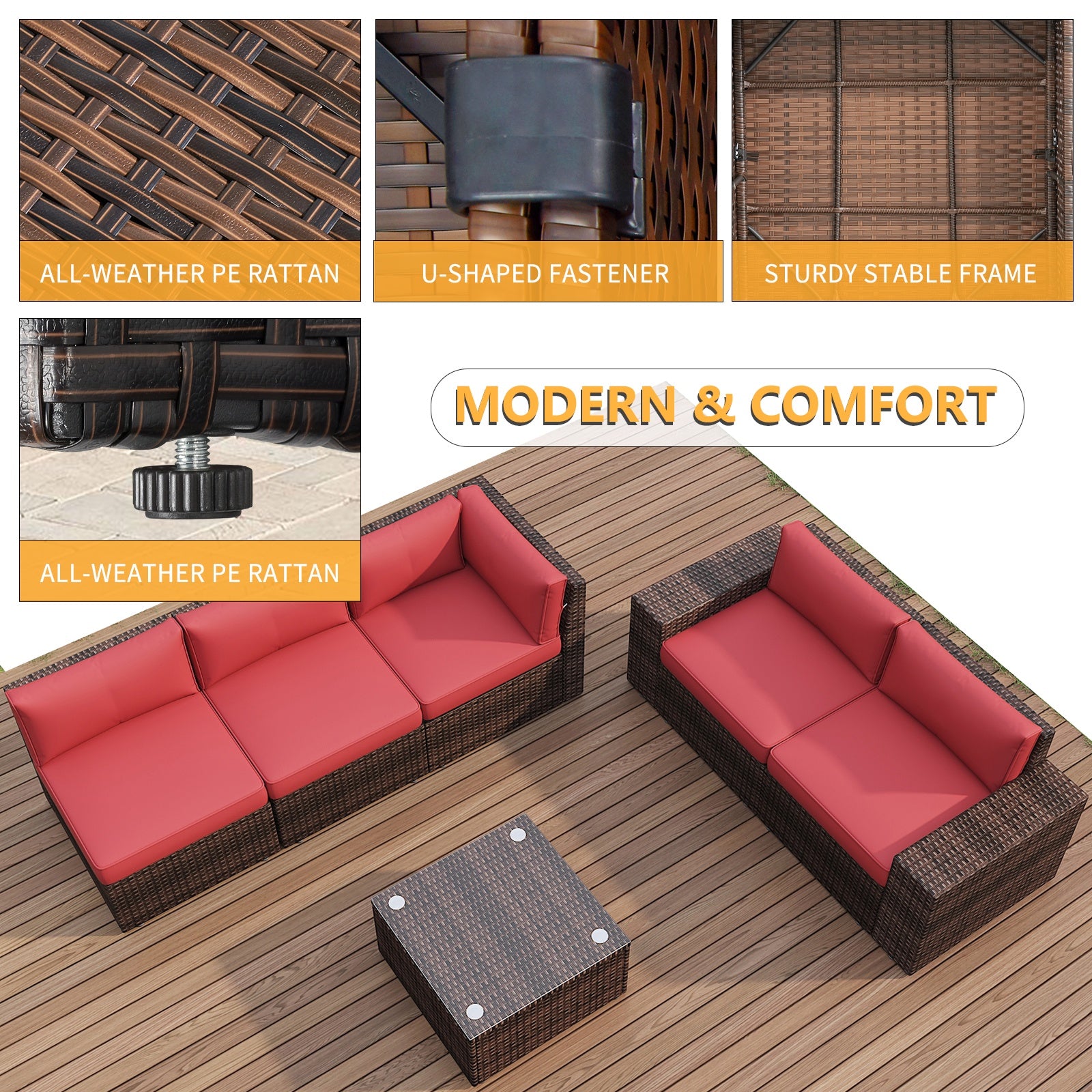 6 Pieces Outdoor Patio Furniture Sets, PE Rattan Wicker Sectional Sofa with Coffee Table for Lawn, Backyard,Balcony, Red