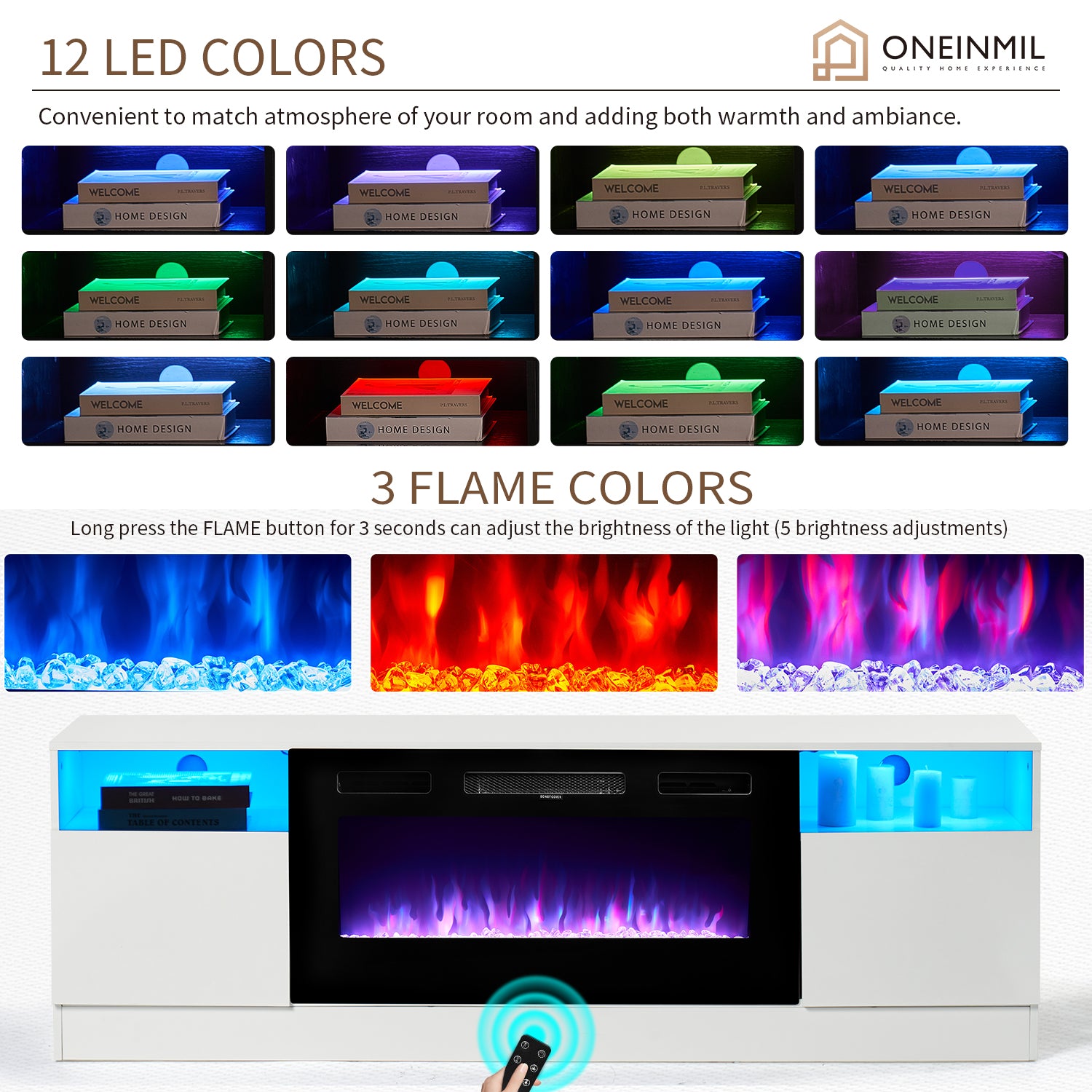 Fireplace TV Stand, Entertainment Center for TVs up to 80", 70” TV Stand with 36'' Electric Fireplace, LED Lights Entertainment Center, TV Console, White