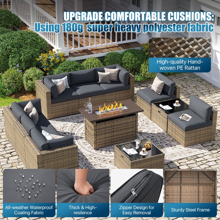 Sunmthink Patio Furniture Sets, 11-Piece Outdoor Patio Furniture with 44'' Propane Gas Firepit Table, Wicker Outdoor Conversation Set and Waterproof Cover for Backyard, Poolside, Garden