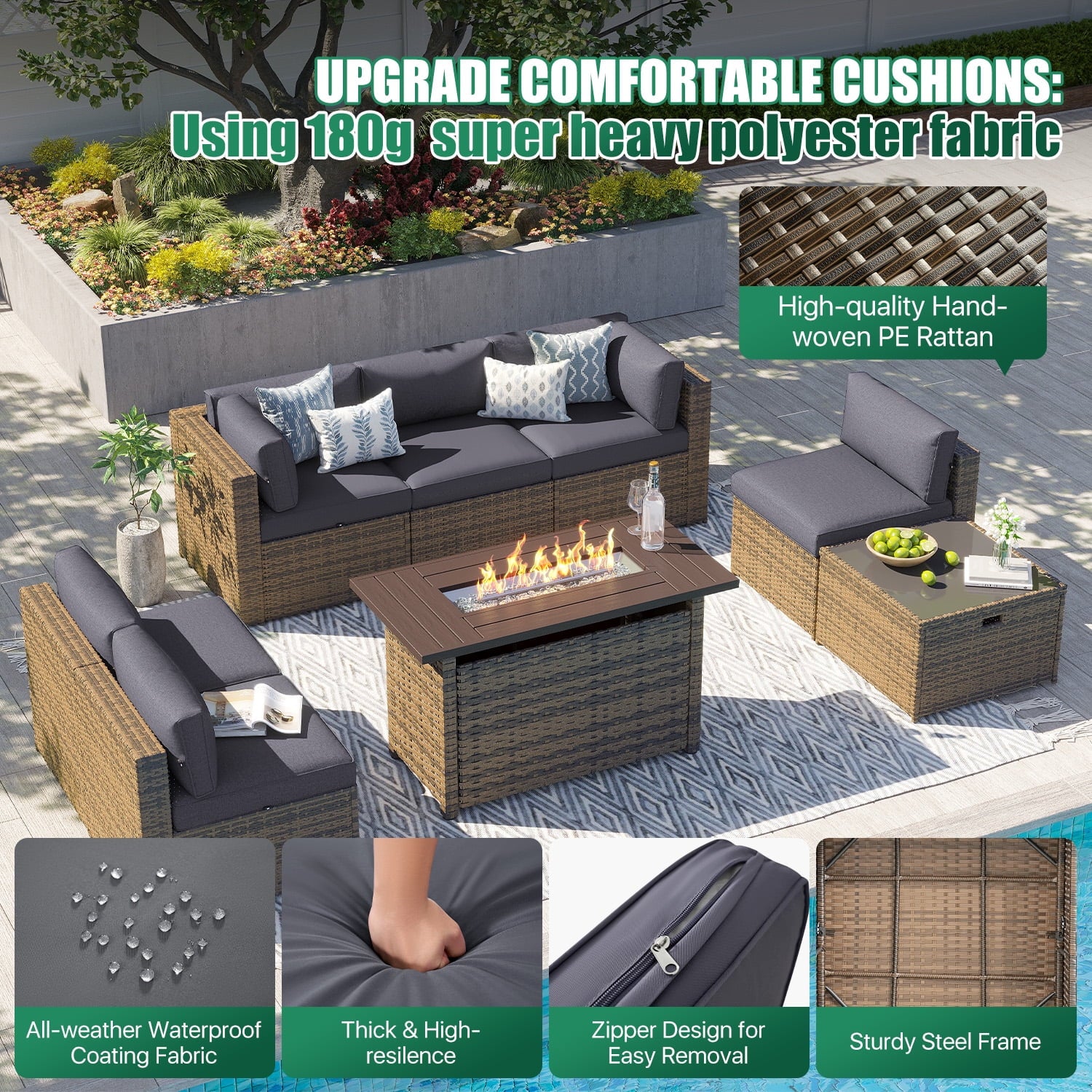 Clouddwell 8 Piece Patio Furniture Set with 44” Fire Pit Table Wicker Rattan Patio Conversation Set Outdoor Sectional Sofa Set with Coffee Table and Gray Cushions(Waterproof Cover Included)