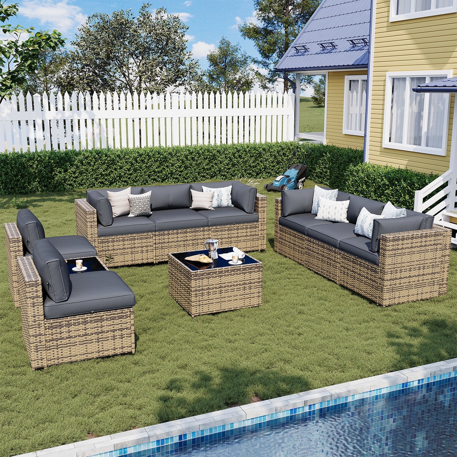 Sunmthink Patio Furniture Sets, 10-Piece Outdoor Patio Furniture with Thick Cushions, Wicker Outdoor Conversation Set and Waterproof Cover for Backyard, Poolside, Garden