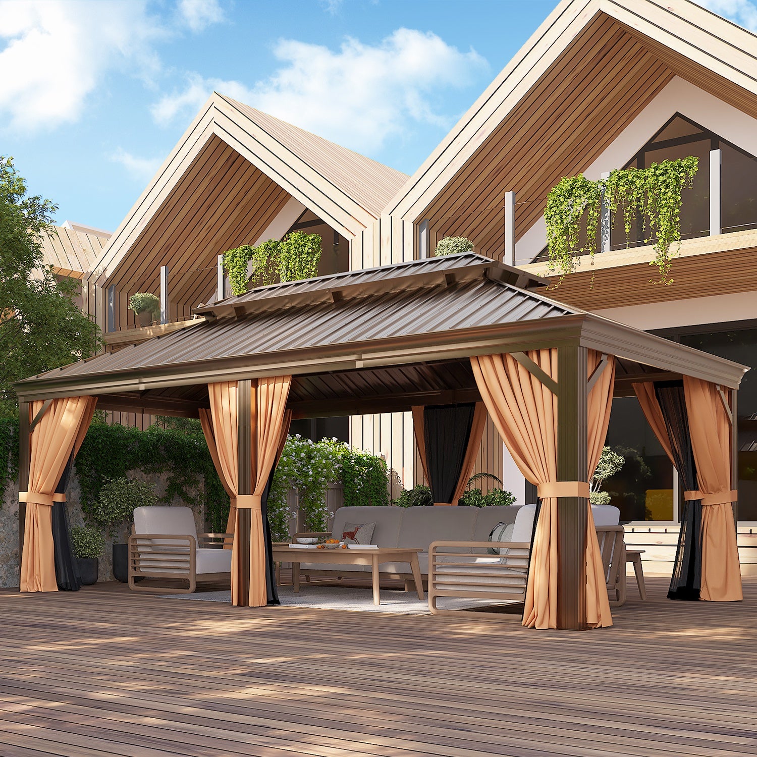 12' x 20' Hardtop Gazebo, Outdoor 2-Tier Galvanized Roof Canopy, Aluminum Frame Permanent Pavilion with with Netting and Curtains for Garden, Patio, Lawns, Brown