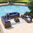 10 Piece Patio Furniture Set Wicker Rattan Patio Conversation Set Outdoor Sectional Sofa Set with Coffee Table and 4” Thickened Cushions, Blue(Waterproof Cover Included)