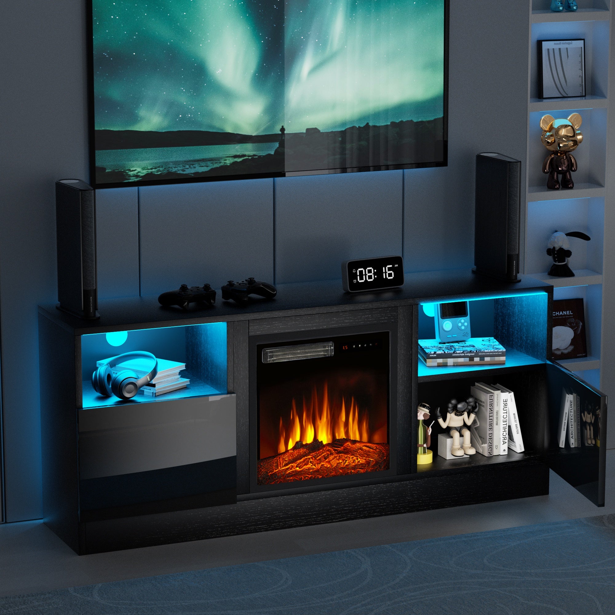 TV Stand with 18" Electric Fireplace, 58"Fireplace TV Stand with LED, Entertainment Center for TVs Up to 65" for Living Room, Bedroom, Black