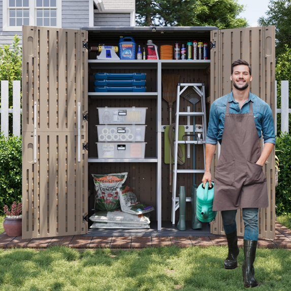 Aoxun Outdoor Resin Storage Shed with Metal Shelving Kit & Floor, 64 Cu.Ft Vertical Waterproof Storage Cabinet for Garage Storage, Pool Storage, Bike Shed, Garden Tools, Patio Furniture (Brown)