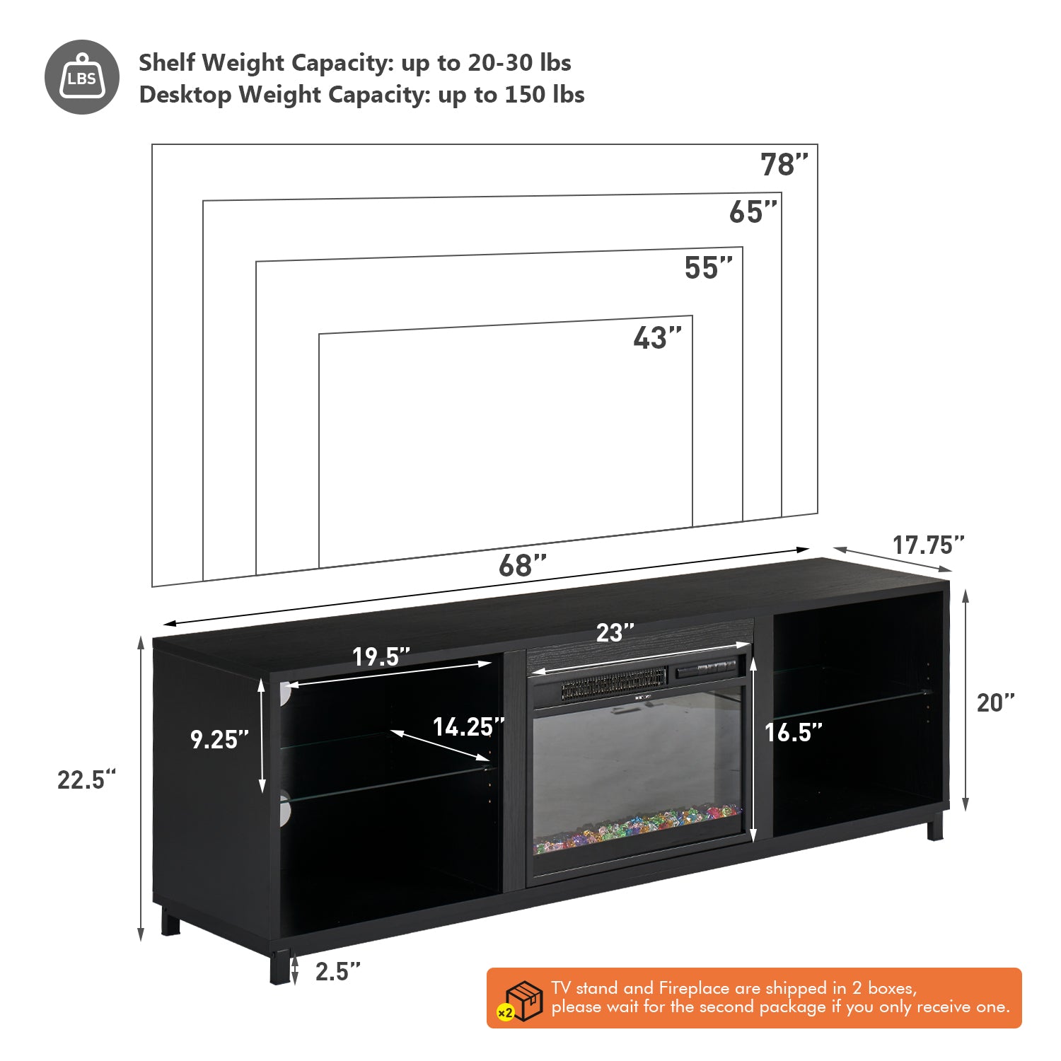 65" TV Stand with Fireplace for TVs up to 75", Entertainment Center with LED Light, TV Stand for Living Room, Black