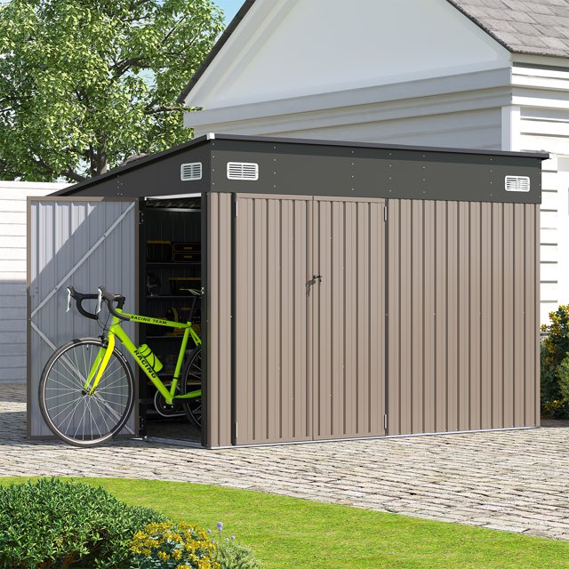 Sunmthink 10' x 8' Metal Storage Shed with Triple Doors, Lockable Lean-to Design & Vents, Brown