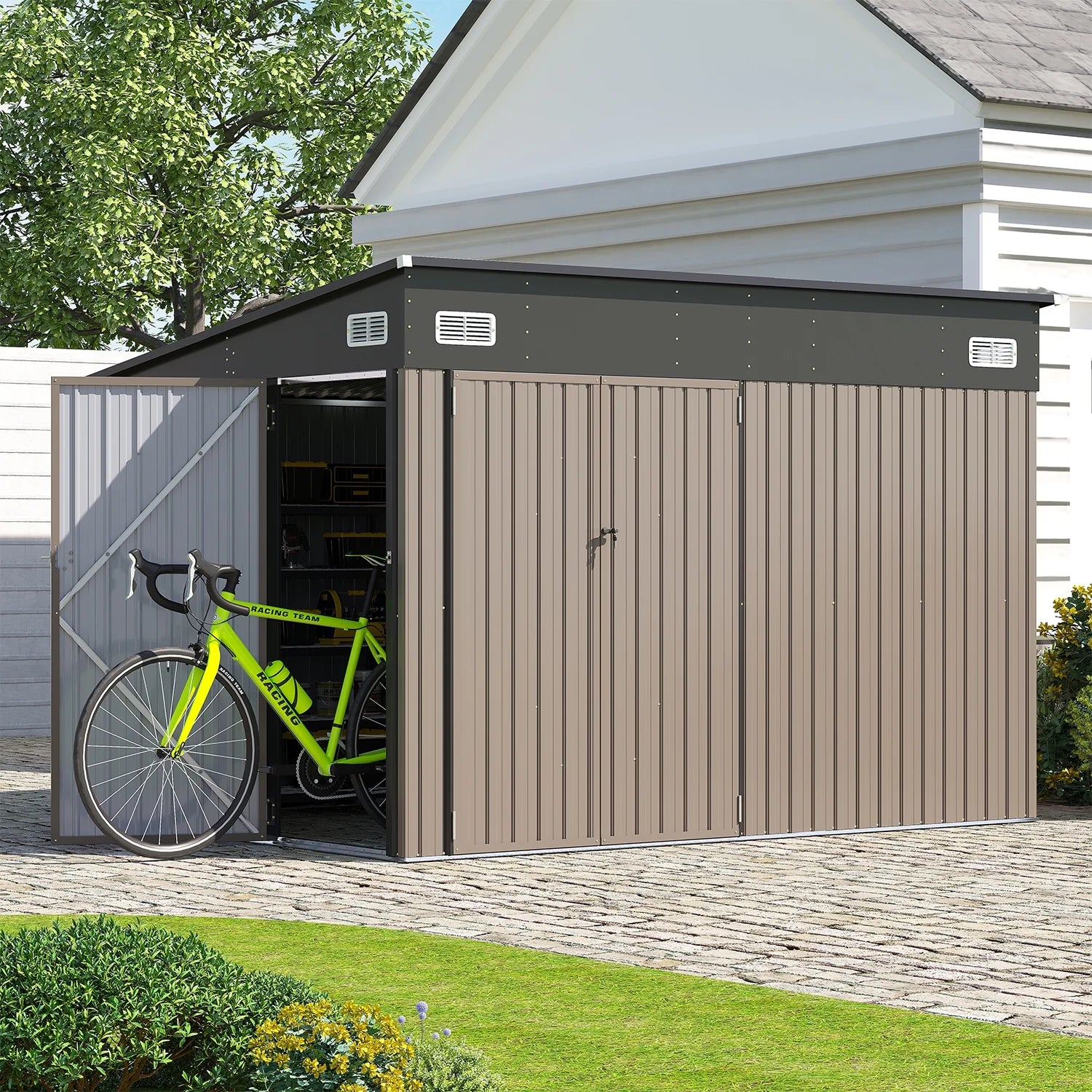 Sunmthink 10' x 8' Metal Storage Shed with Triple Doors, Lockable Lean-to Design & Vents, Brown