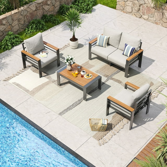 Aluminum Outdoor Patio Furniture Set, 4 Seats Outdoor Sectional with Coffee Table (Loveseat and Single Seat 2 Pcs) Light Grey