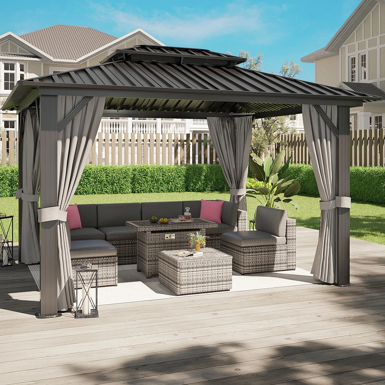 10'x12' Hardtop Gazebo, Outdoor Steel Double Roof Canopy, Aluminum Frame Permanent Pavilion with Curtains and Netting, Sunshade for Garden, Patio, Lawns, Black