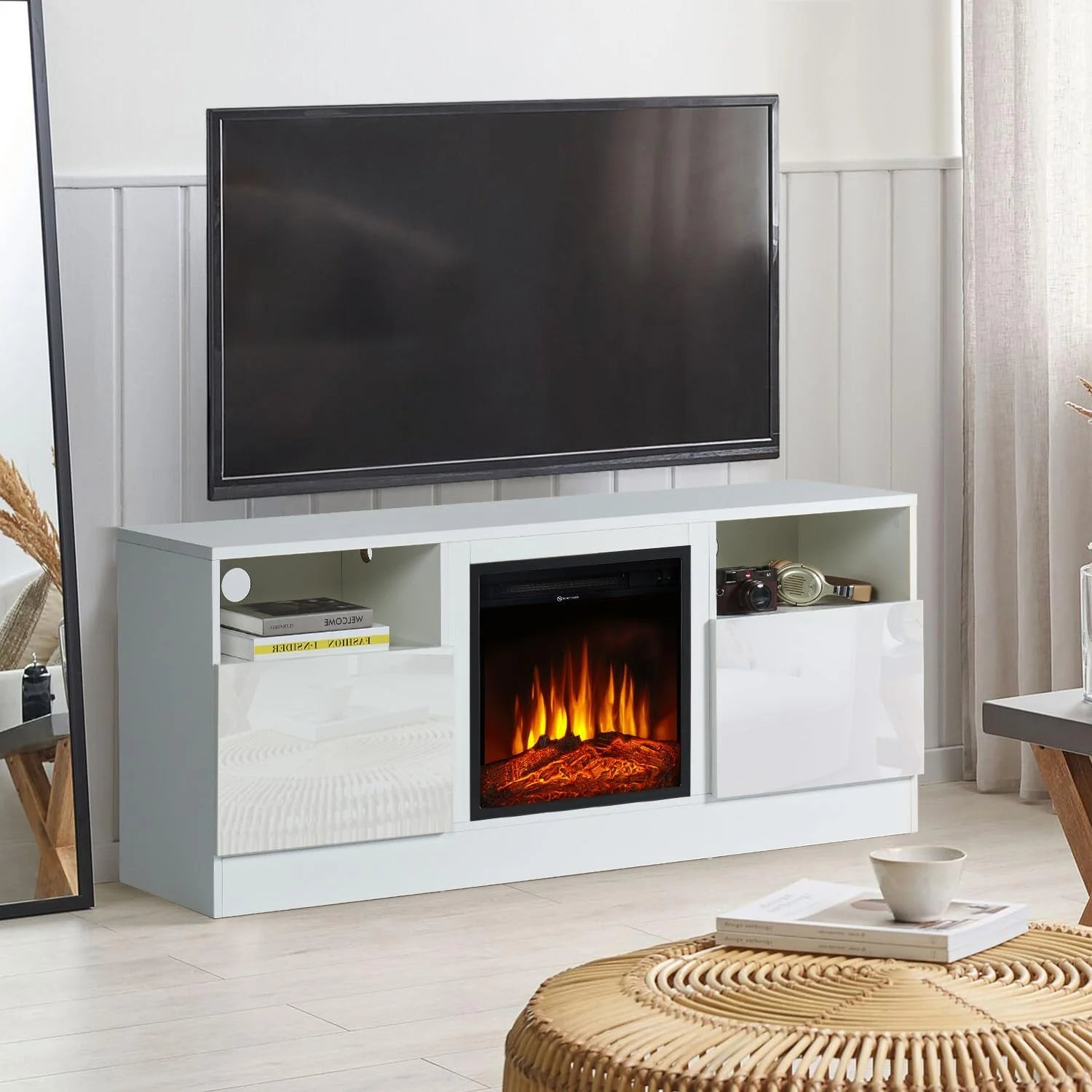 TV Stand with Fireplace for TVs up to 65", 58" Fireplace TV Stand, Entertainment Center with Fireplace for Living Room, Bedroom, White