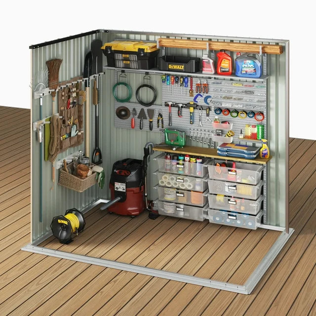 7.4x6.1x6.4 ft Outdoor Metal Storage Shed with Sloping Roof, Lockable, Galvanized Steel, Brown