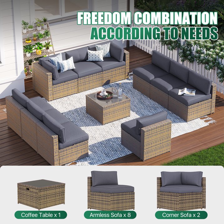 Clouddwell 11 Piece Patio Furniture Set Wicker Rattan Patio Conversation Set Outdoor Sectional Sofa Set with Coffee Table and Gray Cushions(Waterproof Cover Included)