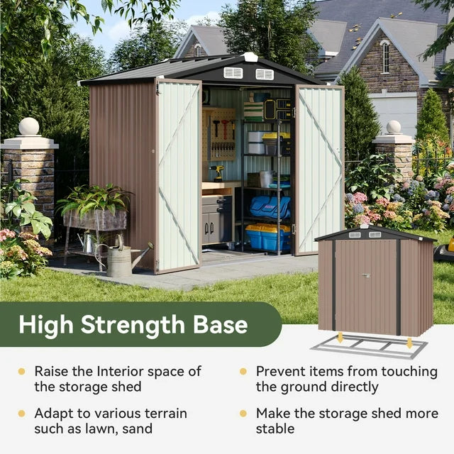 6’x4’ Storage Shed with Base, 22.5sq ft Outdoor Storage with Lockable Doors for Garden(Brown)