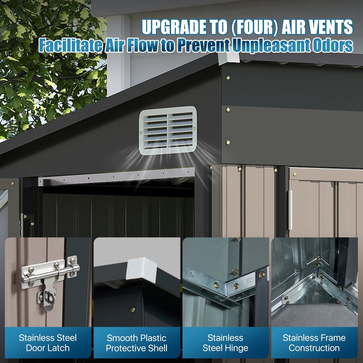 Sunmthink 8' x 6' Metal Storage Shed with Triple Doors, Lockable Lean-to Design & Vents, Brown