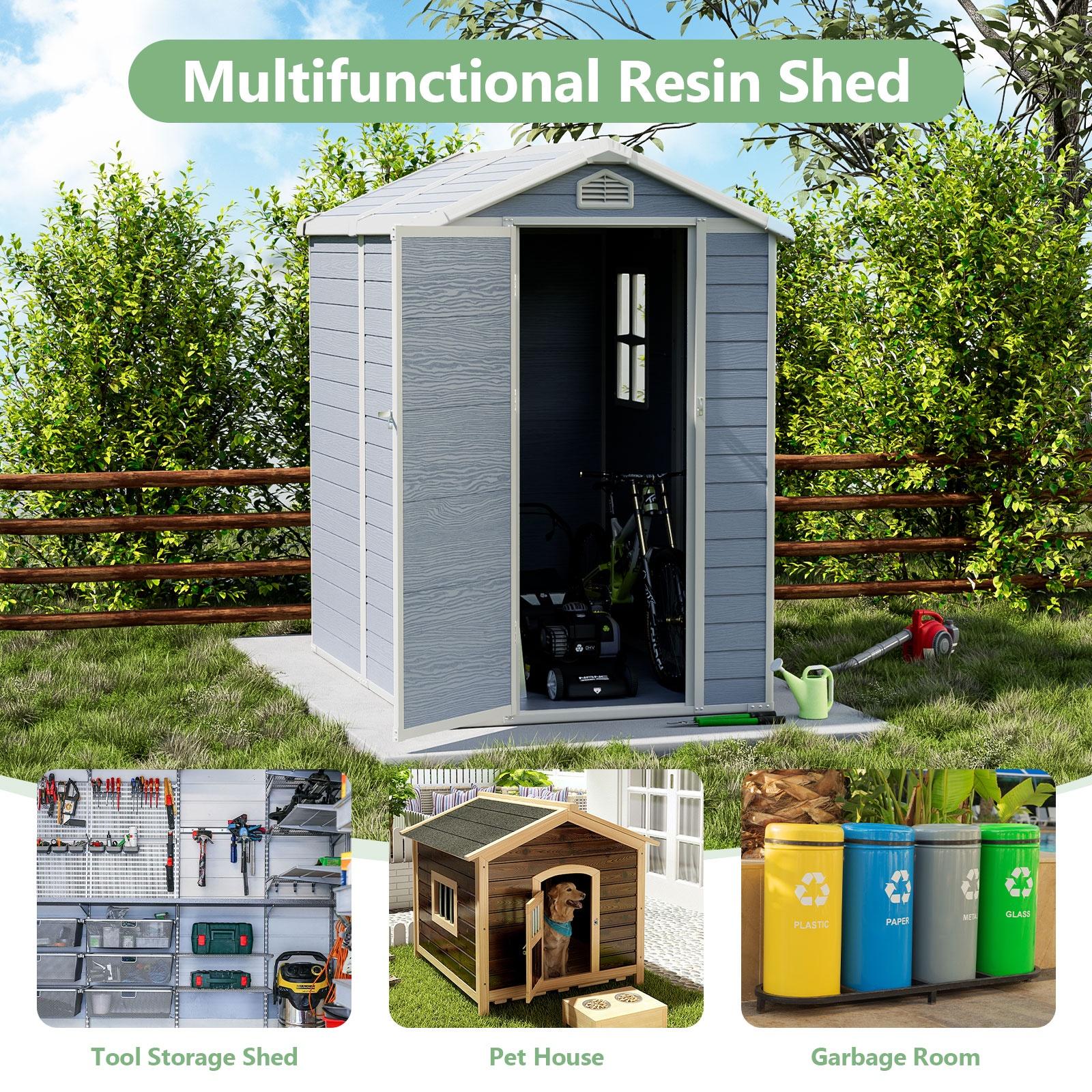 4' x 6' Plastic Shed for Outdoor Storage, Resin Storage Shed with Window and Lockable Door for Garden, Backyard, Patio, Tool Storage Use, Gray