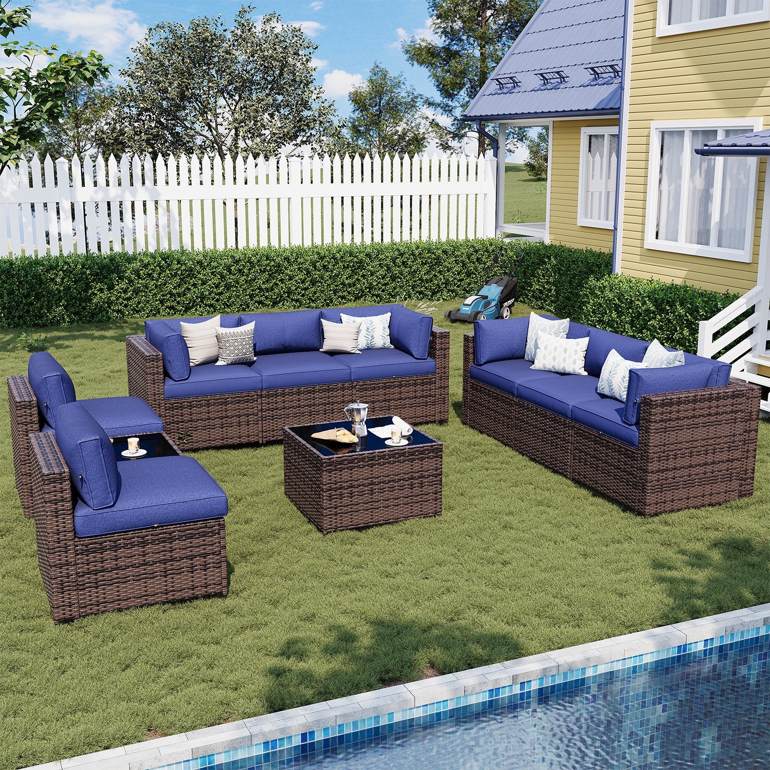 Sunmthink Patio Furniture Sets, 10-Piece Outdoor Patio Furniture with Thick Cushions, Wicker Outdoor Conversation Set and Waterproof Cover for Backyard, Poolside, Garden