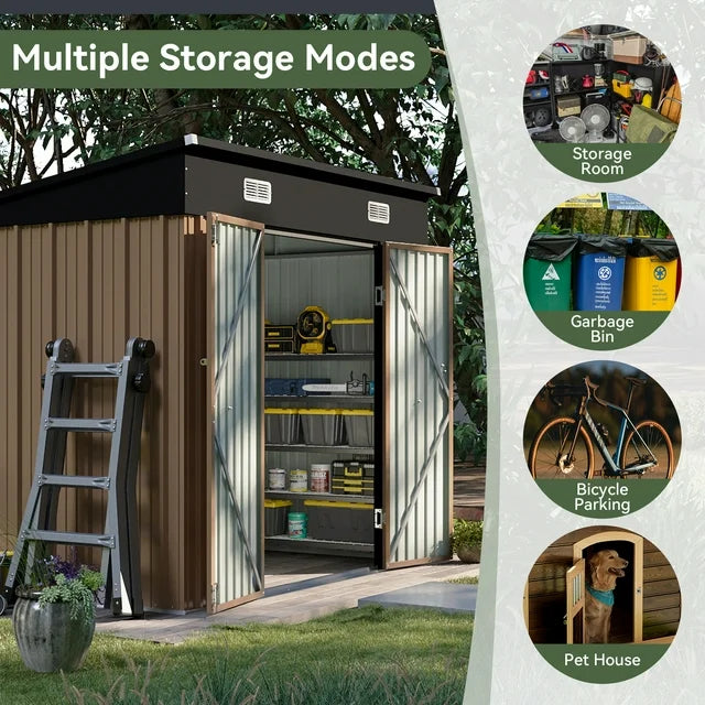 7.4x6.1x6.4 ft Outdoor Metal Storage Shed with Sloping Roof, Lockable, Galvanized Steel, Brown