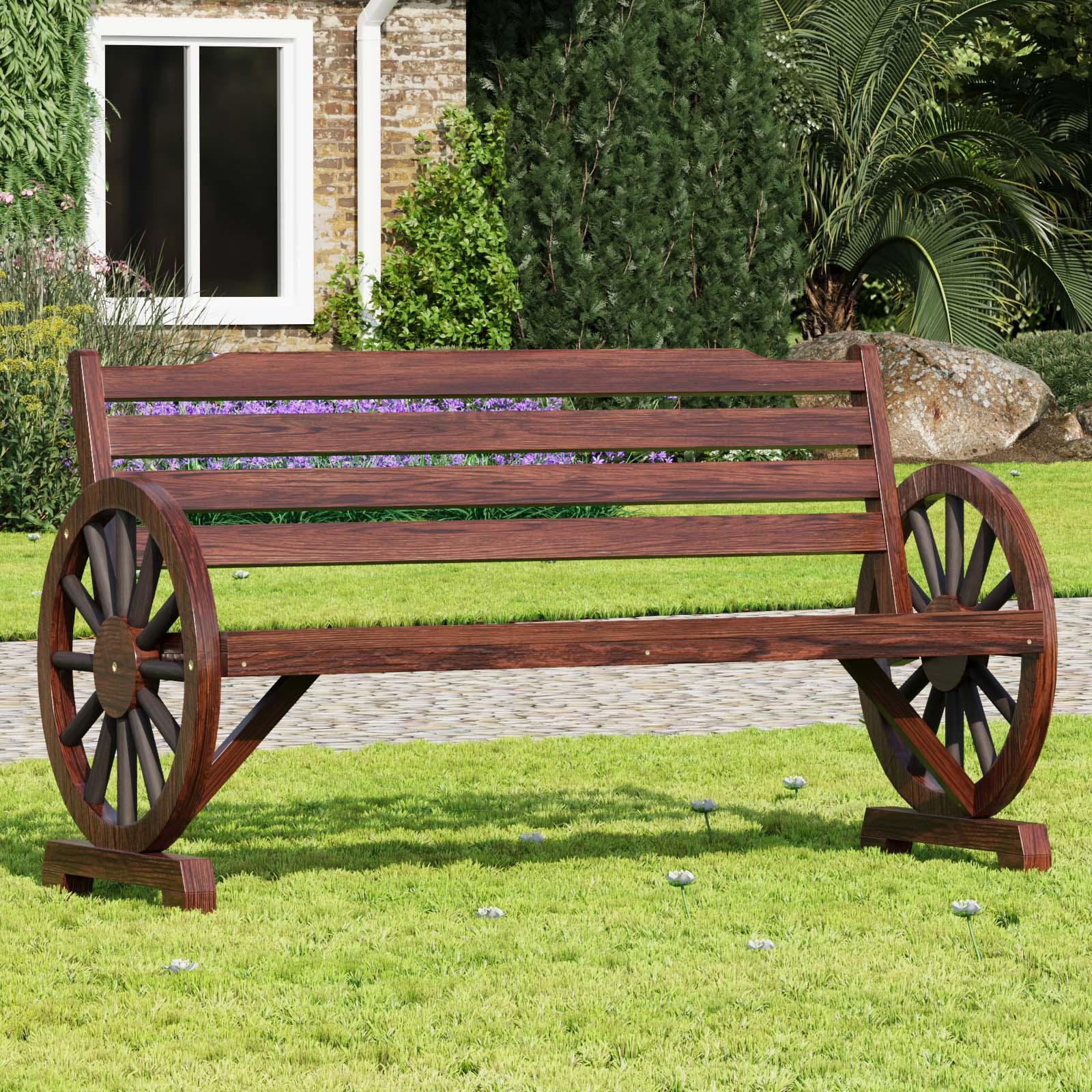 55'' Three Person Outdoor Garden Bench, Wooden Wagon Wheel Bench, Outdoor Patio Furniture, Loveseat Porch Chair Solid Wood W/Backrest