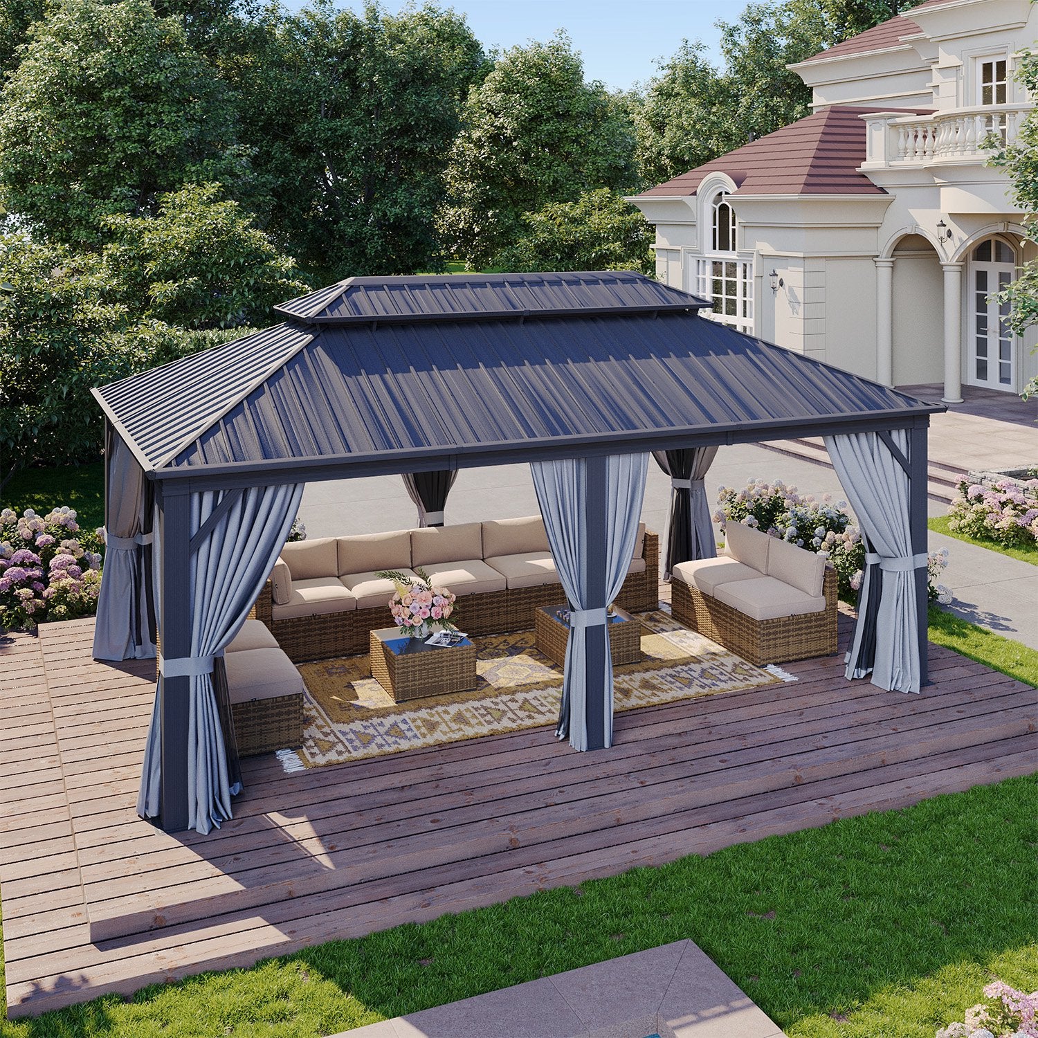 Sumnthink 12'x20' Hardtop Gazebo, Outdoor Steel Double Galvanized Roof Canopy, Aluminum Frame Permanent Pavilion Metal Gazebo with Netting and Curtains, for Patios, Gardens, Lawns