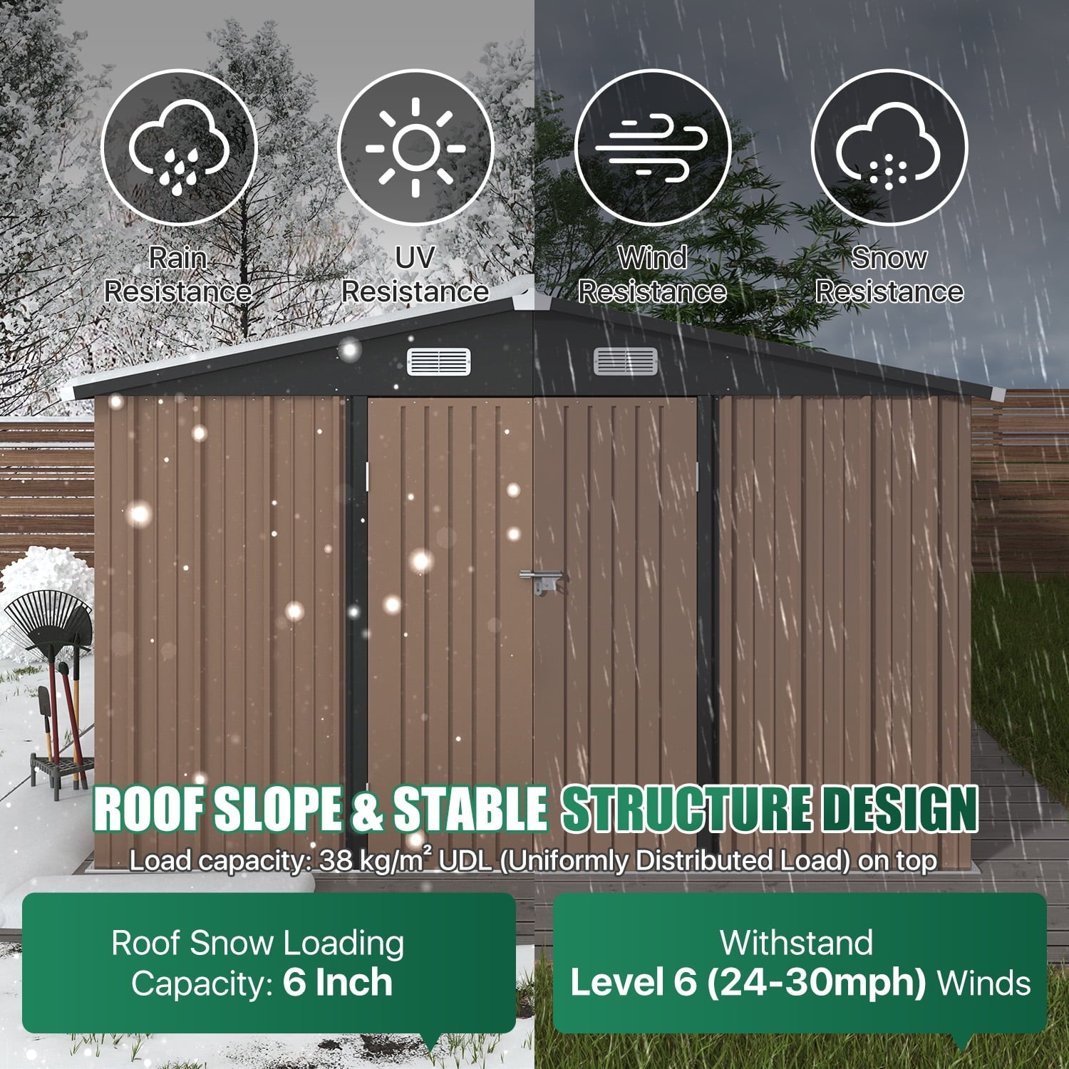 Clouddwell 10x12 ft. Metal Storage Shed, Waterproof Steel Garden Shed with Lock, Brown