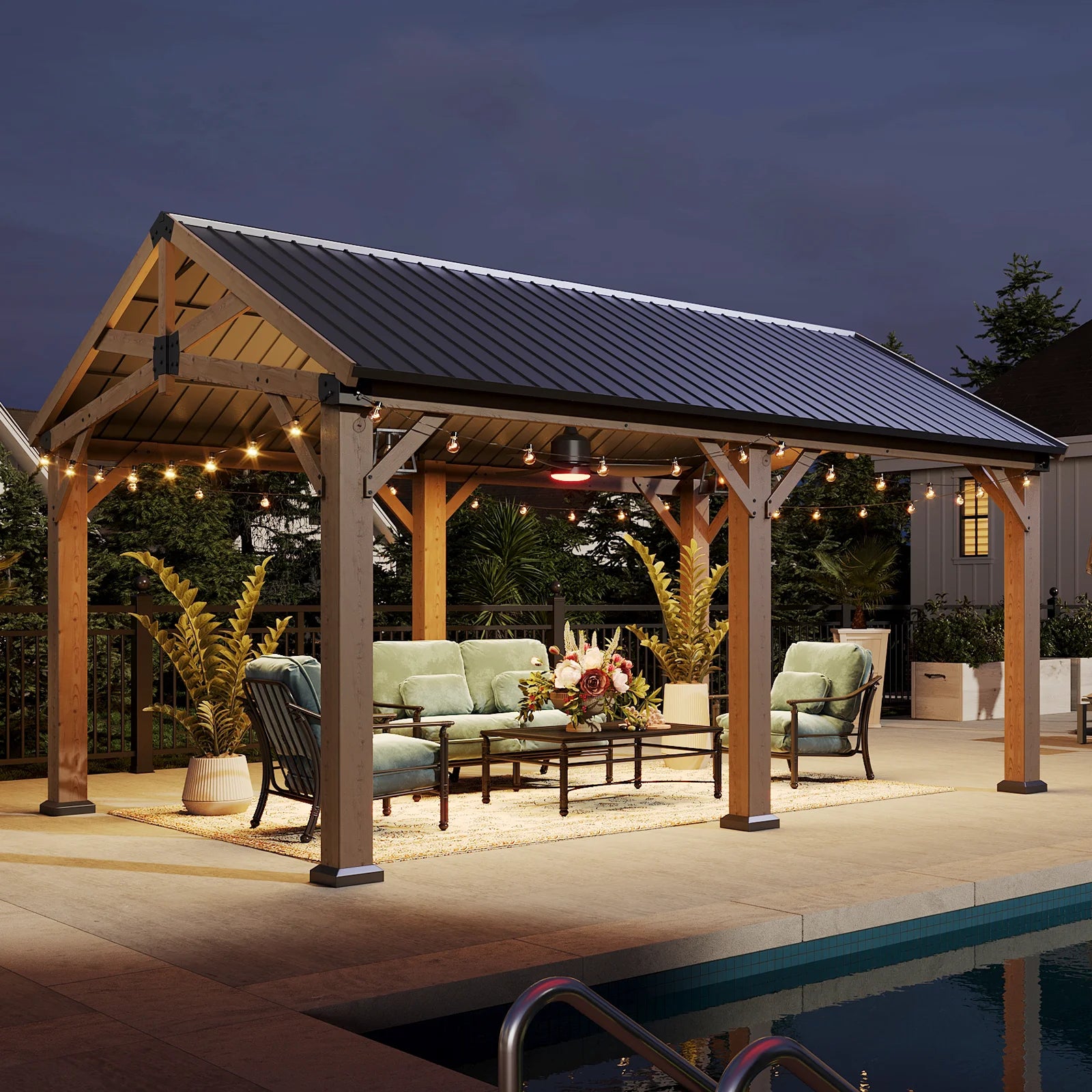 Sunmthink 12' x 16' Outdoor Wood Frame Gazebo, Hardtop Gazebo with Galvanized Steel, Permanent Wooden Pavilion for Patio Backyard Lawn Garden