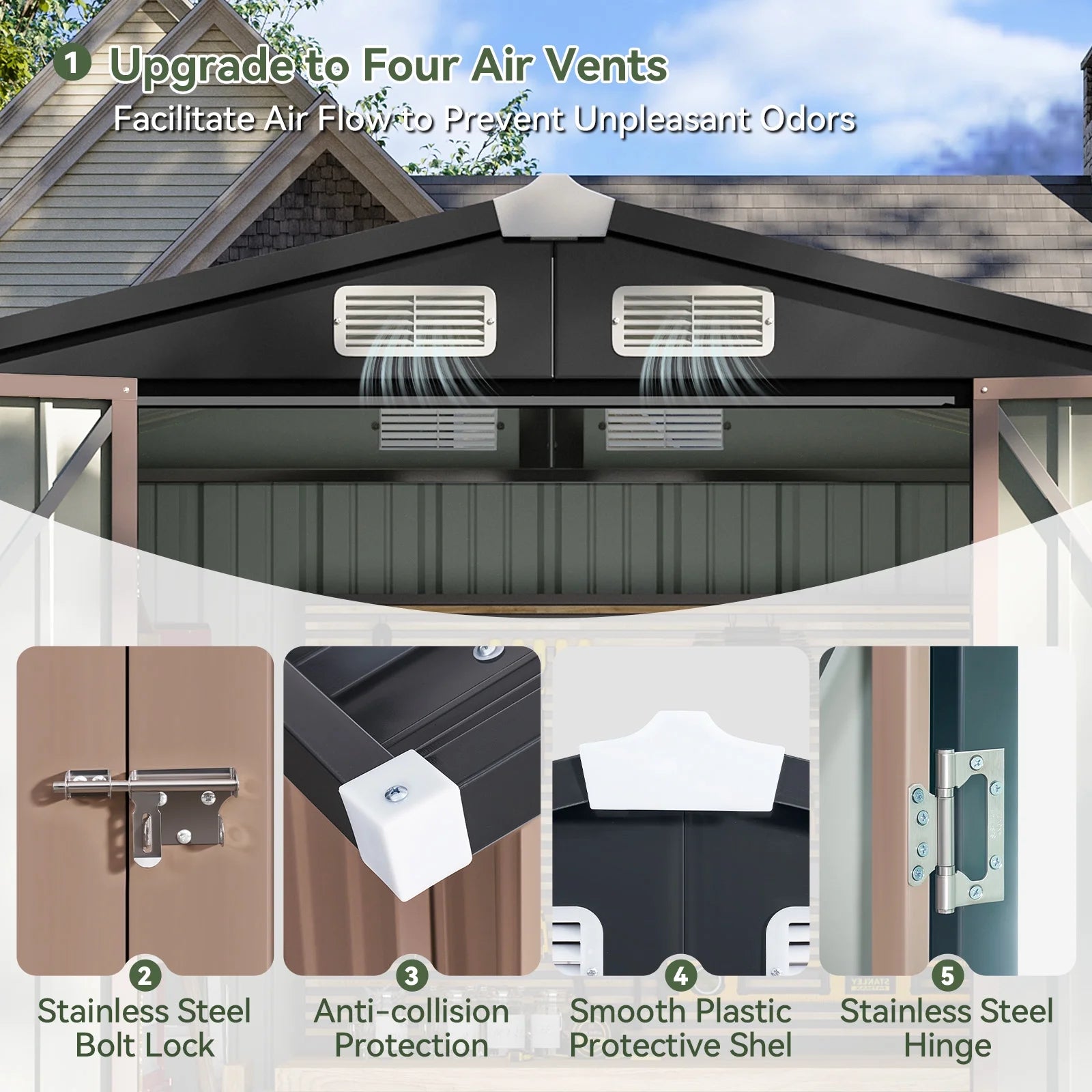 6 x 4 ft Outdoor Metal Storage Shed with Lock, Galvanized Metal Shed with Air Vents, Brown