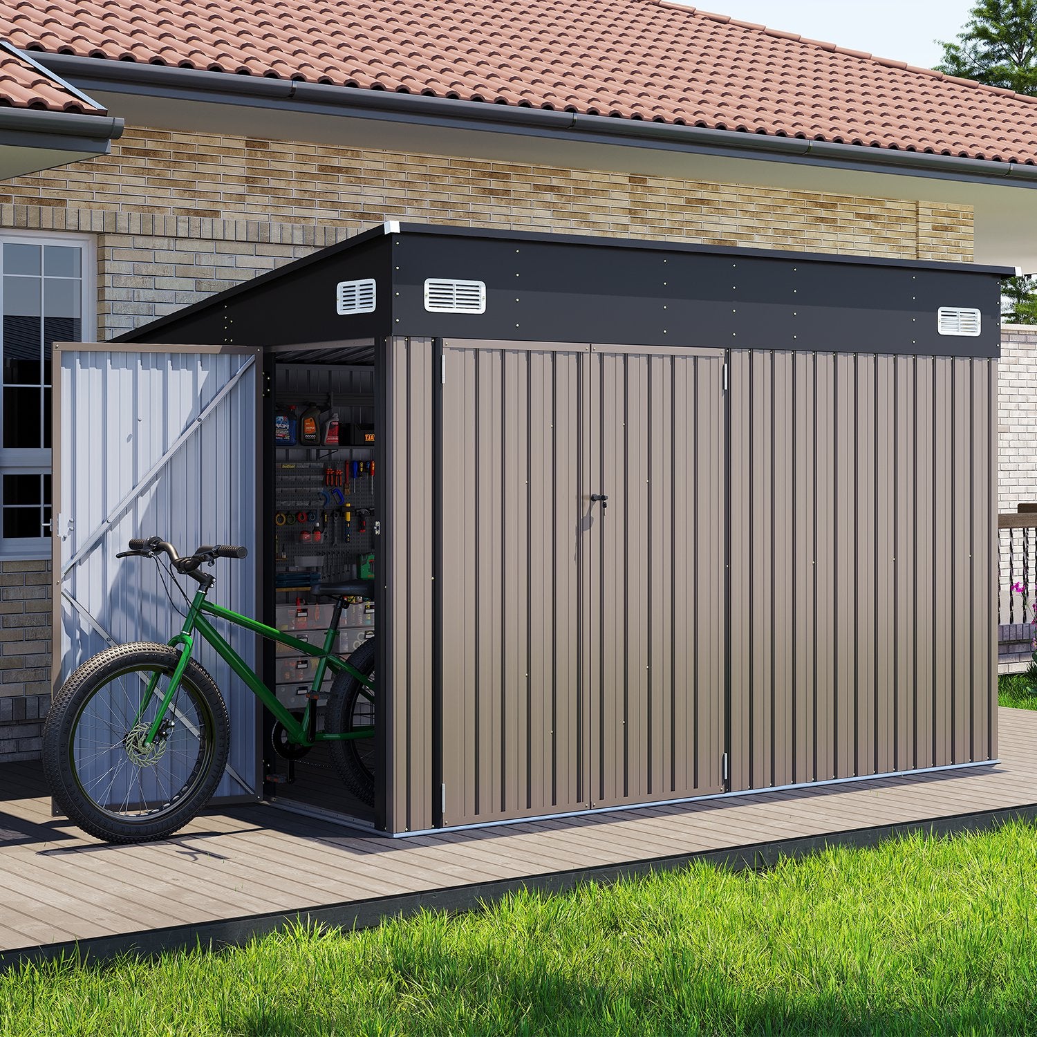 Clouddwell 10ft x 8ft Heavy-Duty Metal Storage Shed with 3 Doors, Lockable Lean-To Design, Weatherproof for Garden & Tools (Brown)