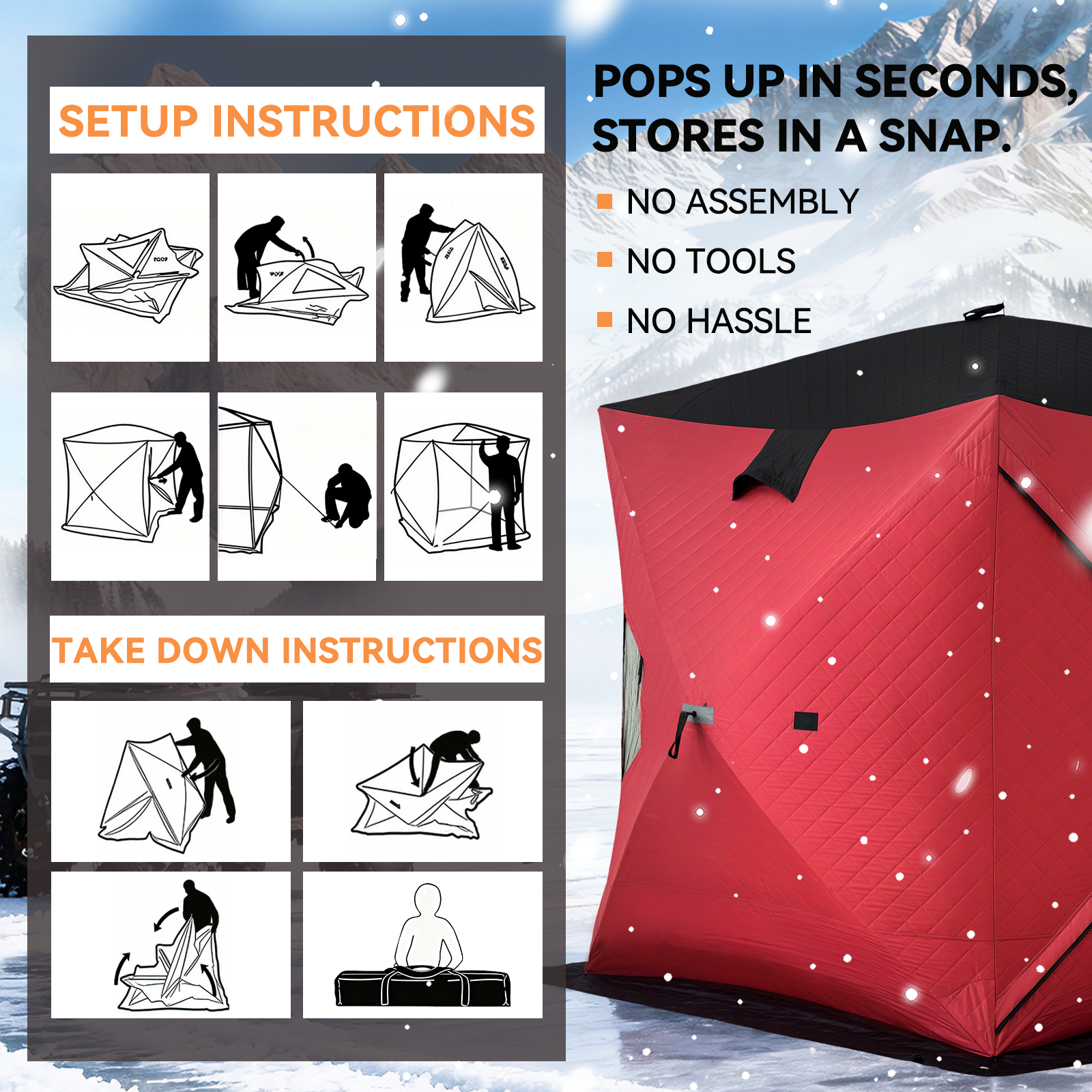 Aoxun Ice Fishing Tent Pop Up Instant Setup 2-3 Person Portable Shanty Hub Waterproof Insulated Shelter for Winter Fishing & Camping