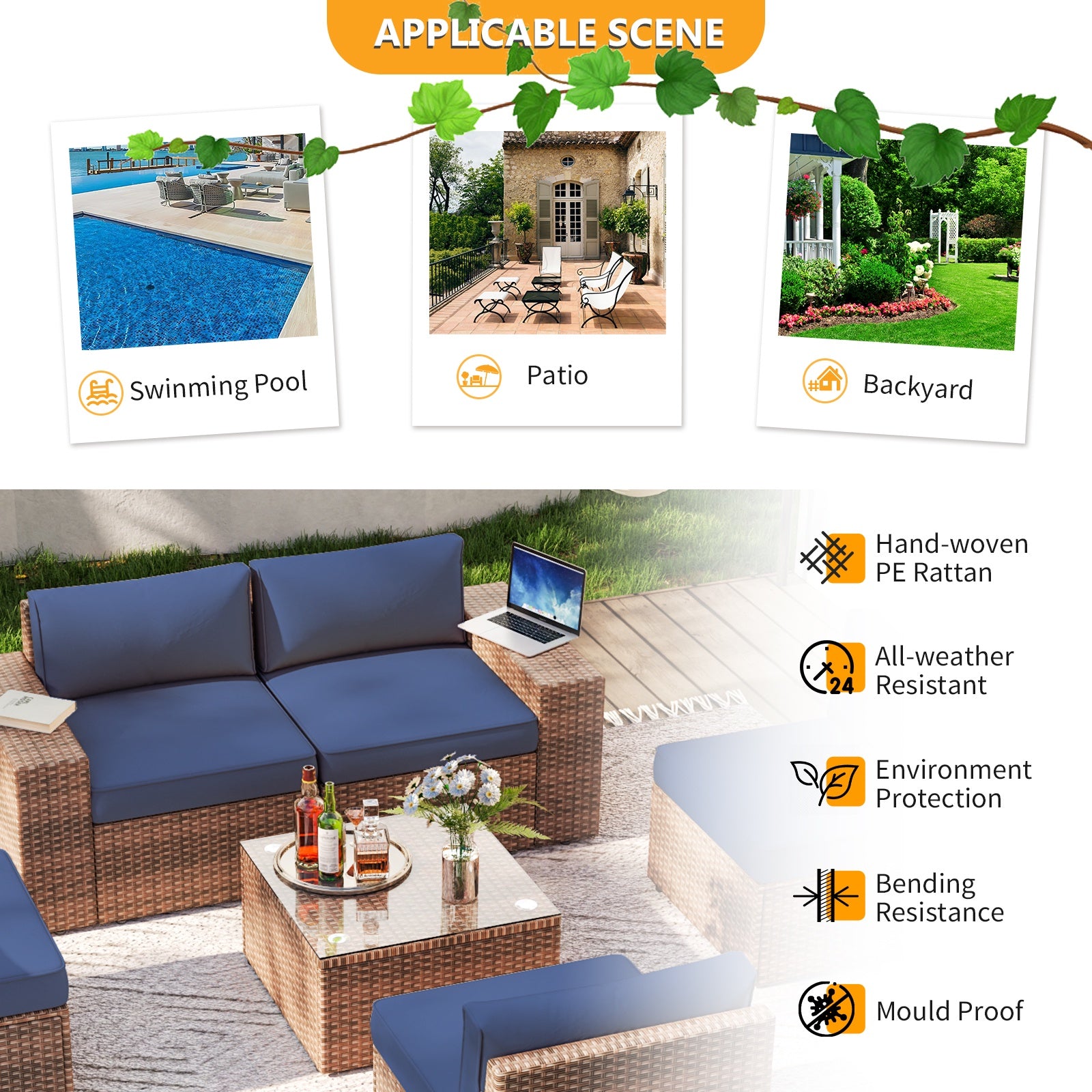 6 Pieces Outdoor Patio Furniture Sets, PE Rattan Wicker Sectional Sofa with Coffee Table for Lawn, Backyard,Balcony, Blue