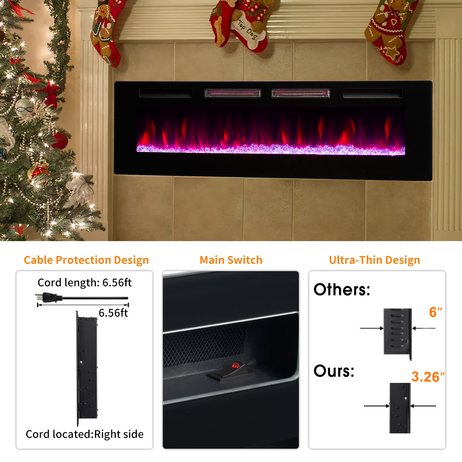 68" Wall Mounted Electric Fireplace, 750W/1500W, 12 Color Flame, Remote Control, Crystal Flame