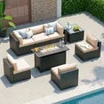 Clouddwell 8-Piece Patio Furniture Set With Fire Table On Sale, Black Rattan Wicker Outdoor Sectional Sofa Couch with Table Patio Conversation Set for Lawn& Backyard,Beige