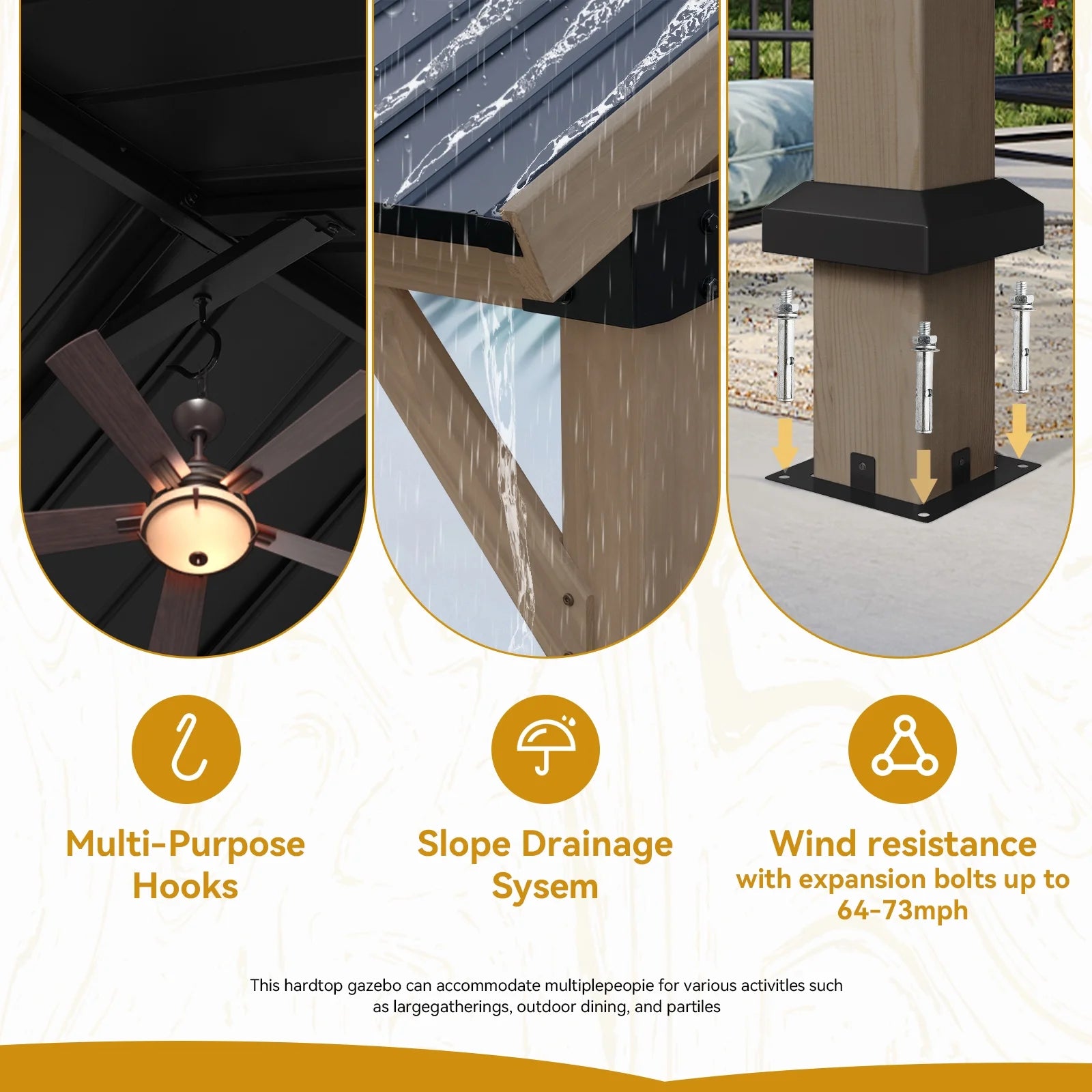 Sunmthink 12' x 20' Outdoor Wood Frame Gazebo, Hardtop Gazebo with Galvanized Steel, Permanent Wooden Pavilion for Patio Backyard Lawn Garden