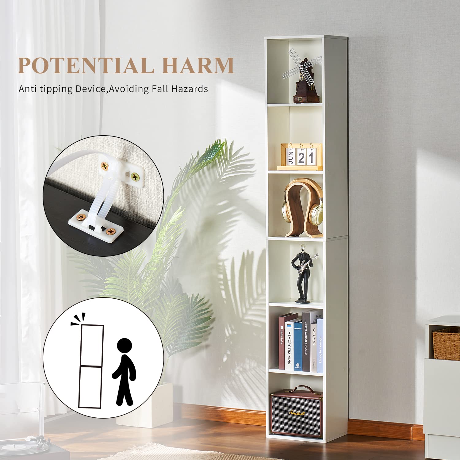 Oneinmil Tall Narrow Bookshelf Set of 2,6-Tier Cube Display Rack, Modern Corner Bookshelf with Storage Space, Storage Cabinet for Home Office,White