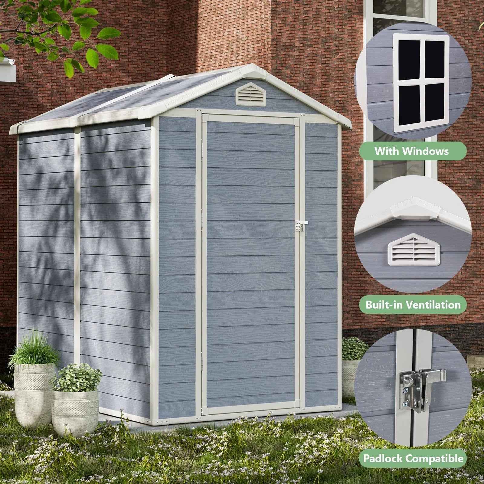 6.3’x4.4’ Resin Outdoor Storage Shed with Base Frame, Plastic Outdoor Sheds with Lockable Door and Window for Backyard, Patio, Lawn