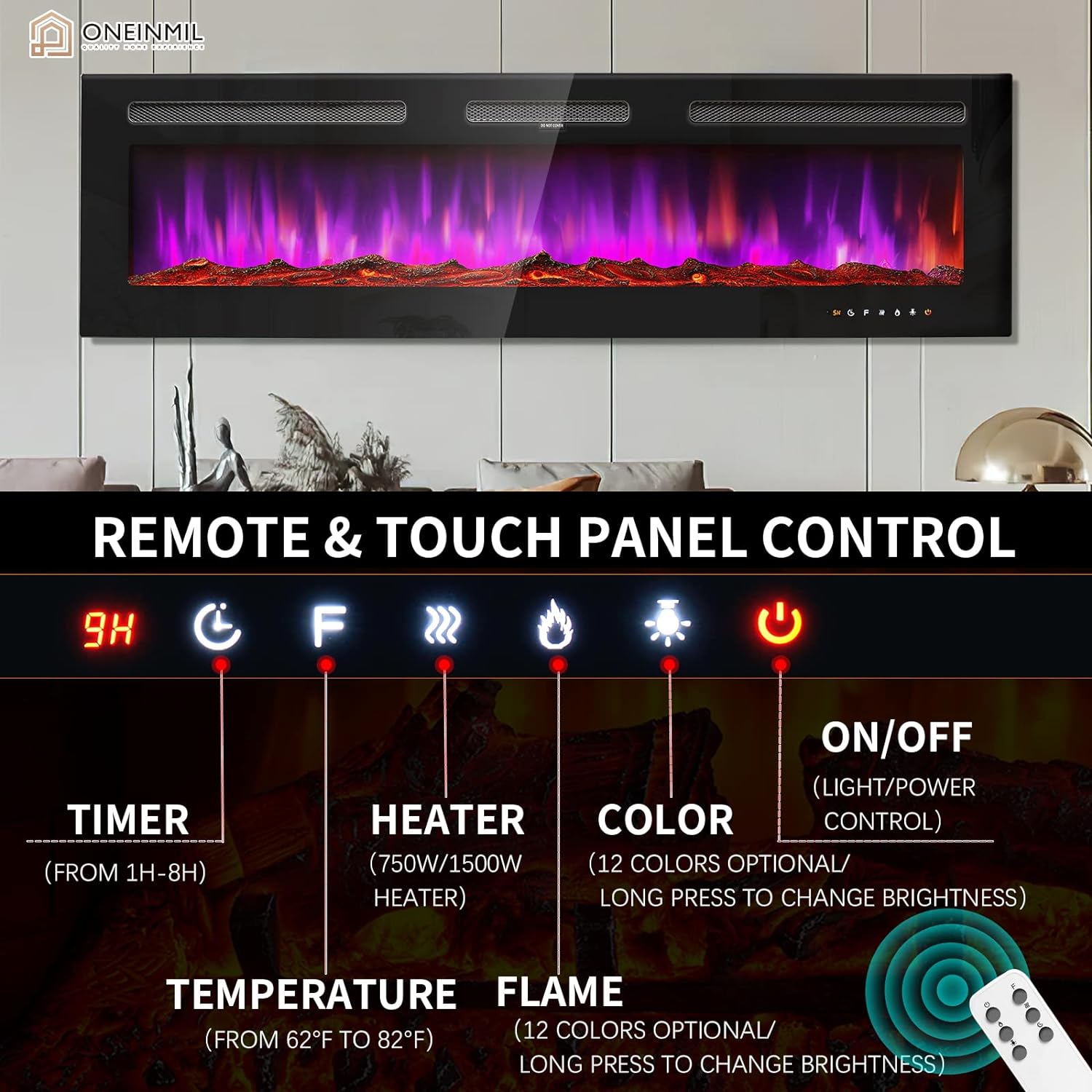 60" Electric Fireplace, Recessed Wall Mounted Electric Fireplace inserts, Ultra Thin Adjustable Flame Colors & Speed Fireplace, Fireplace with Touch Screen and Remote Control