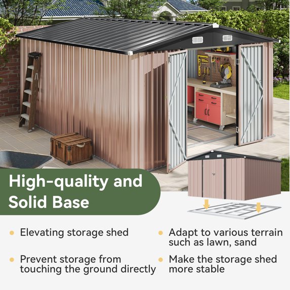 10x12 ft Outdoor Storage Shed, Steel Garden Shed, Brown(Floor included)