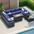 Clouddwell 12-Piece Patio Furniture Set With Fire Table On Sale, Black Rattan Wicker Outdoor Sectional Sofa Couch with Table Patio Conversation Set for Lawn& Backyard,Blue