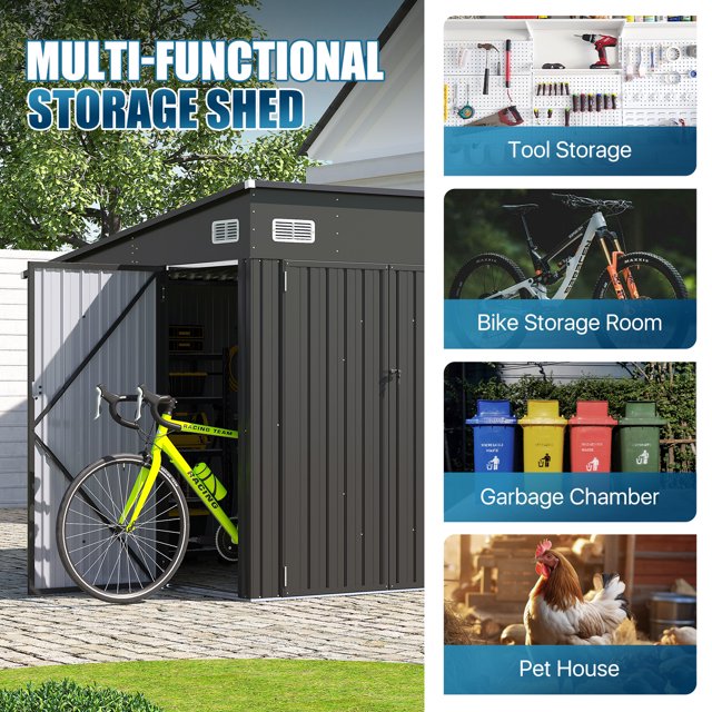 12' x 8' Metal Storage Shed with Triple Doors, Lockable Lean-to Design & Vents, Black