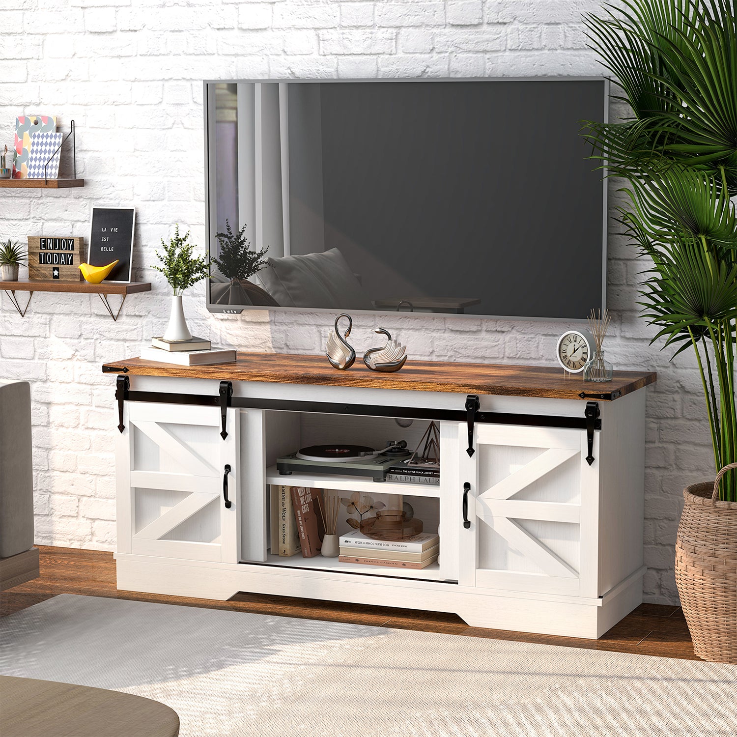 4-Piece Modern Farmhouse Furniture Set, Rustic Brown TV Stand for TVs up to 65-Inch, Two End Table with Charging Stake and USB Port, Farmhouse Coffee Table for Living Room, Family Room