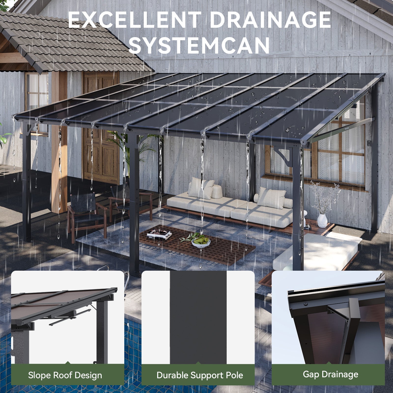 Outdoor Hardtop Gazebo for Patio 12' x 16', Wall-Mounted Lean to Gazebo Pergola with Roof