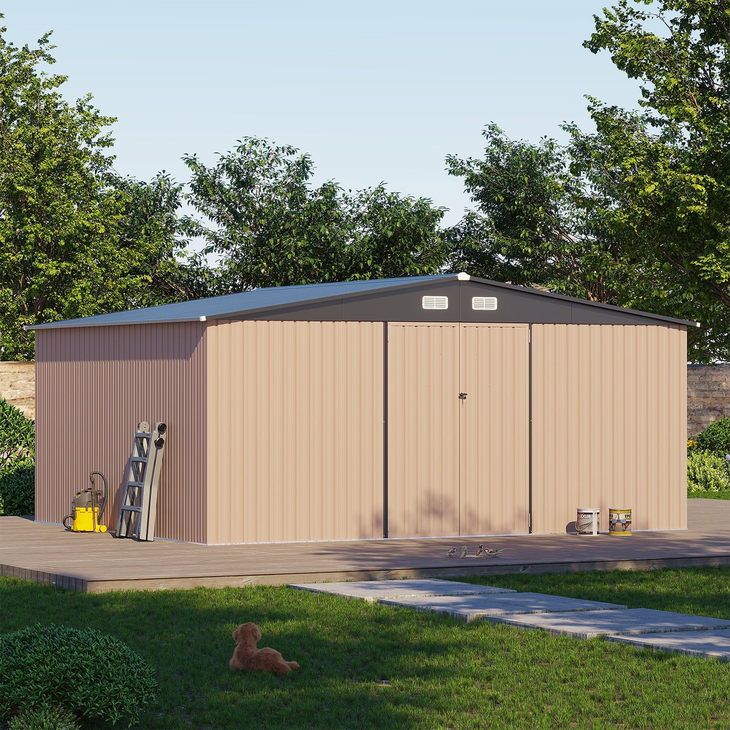 Clouddwell 14 ft. x 12 ft. Outdoor Storage Shed, 800 cu. ft. Brown Steel Utility Shed with Lockable Door for Garden