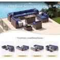 12 Piece Patio Furniture Set with 44” Fire Pit Table Wicker Rattan Outdoor Sectional Sofa Set with Coffee Table and 4” Thickened Cushions, Blue (Waterproof Cover Included)