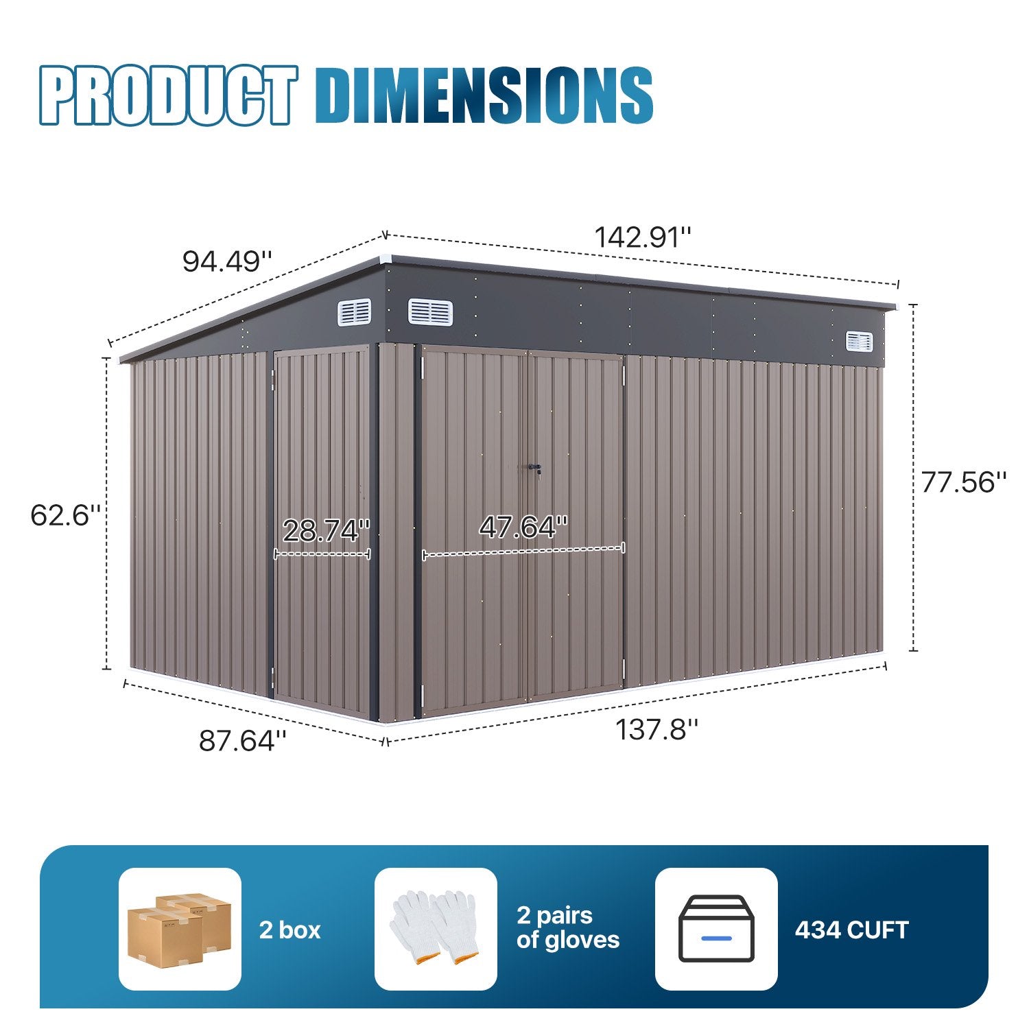12' x 8' Metal Storage Shed with Triple Doors, Lockable Lean-to Design & Vents, Brown