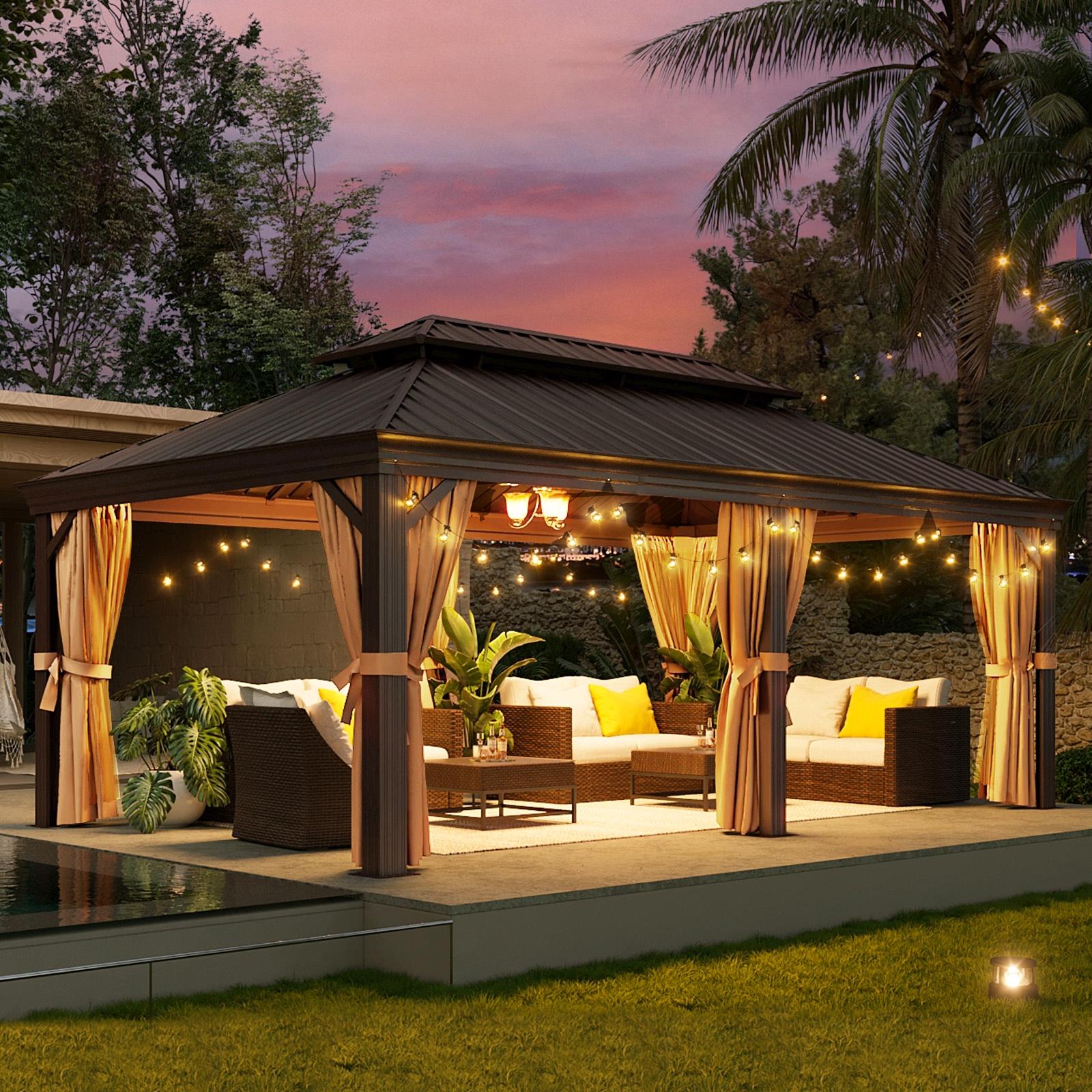 12 ft. x 20 ft. Outdoor Hardtop Gazebo, Galvanized Steel Double Roof Gazebo with Curtain and Netting