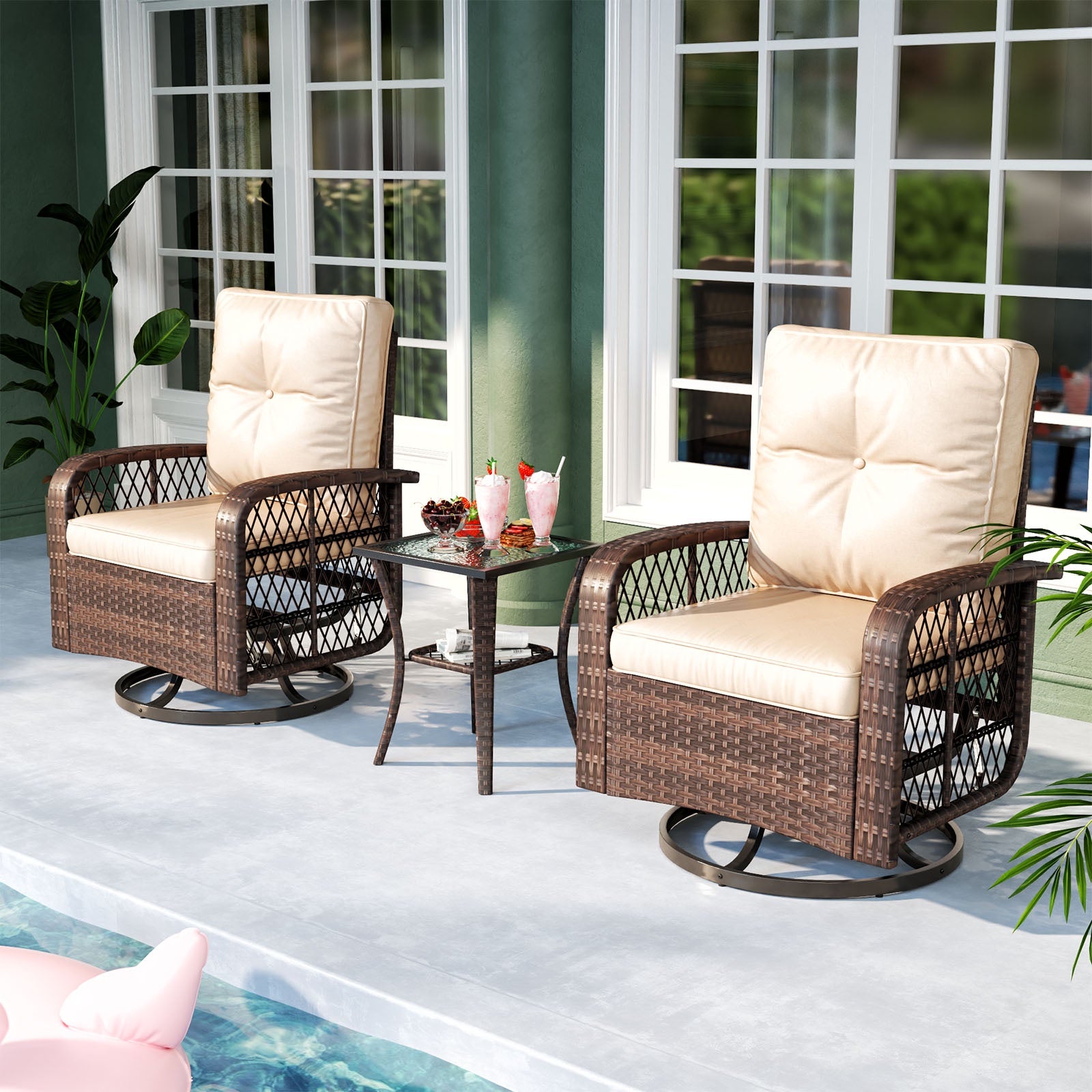 3 Pcs Patio Furniture Set, 360 Degree Swivel Rocking Chairs, Wicker Bistro Set with Glass Top Side Table, Beige