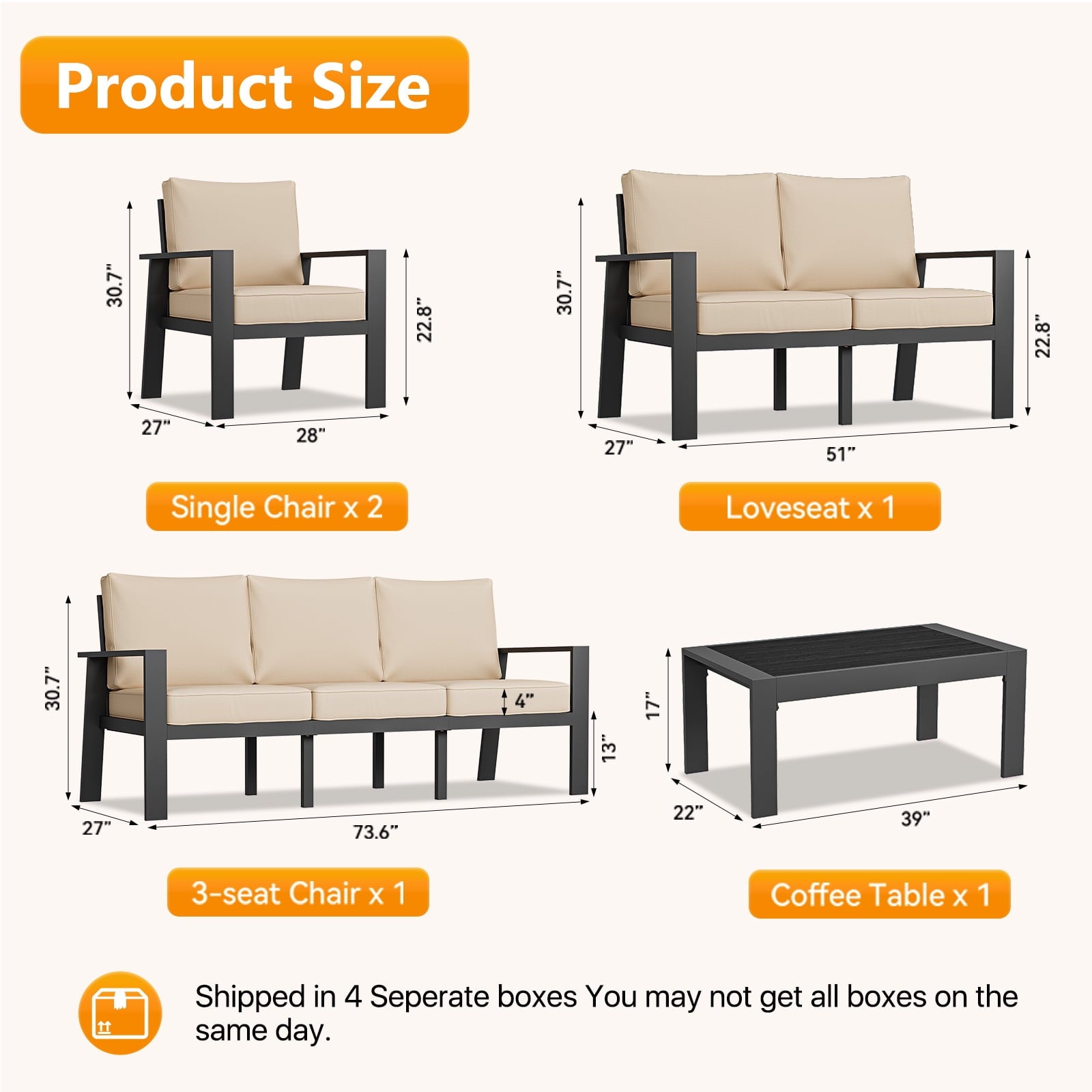 Aluminum Patio Furniture Set with Coffee Table, 5 Pieces Patio Sectional Conversation Chat Sofa Modern Seating Set-Beige(With Waterproof Cover)