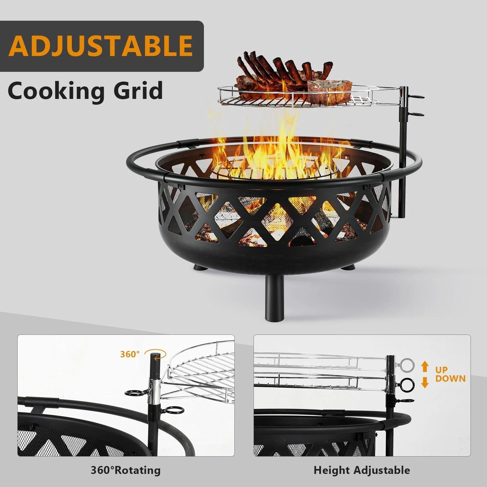Fire Pit for Outside 36 inch, Outdoor Wood Burning Firepit with Cover & Fire Poker, Large Steel Firepit Bowl with Removable Cooking Swivel BBQ Grill for Backyard Bonfire Patio
