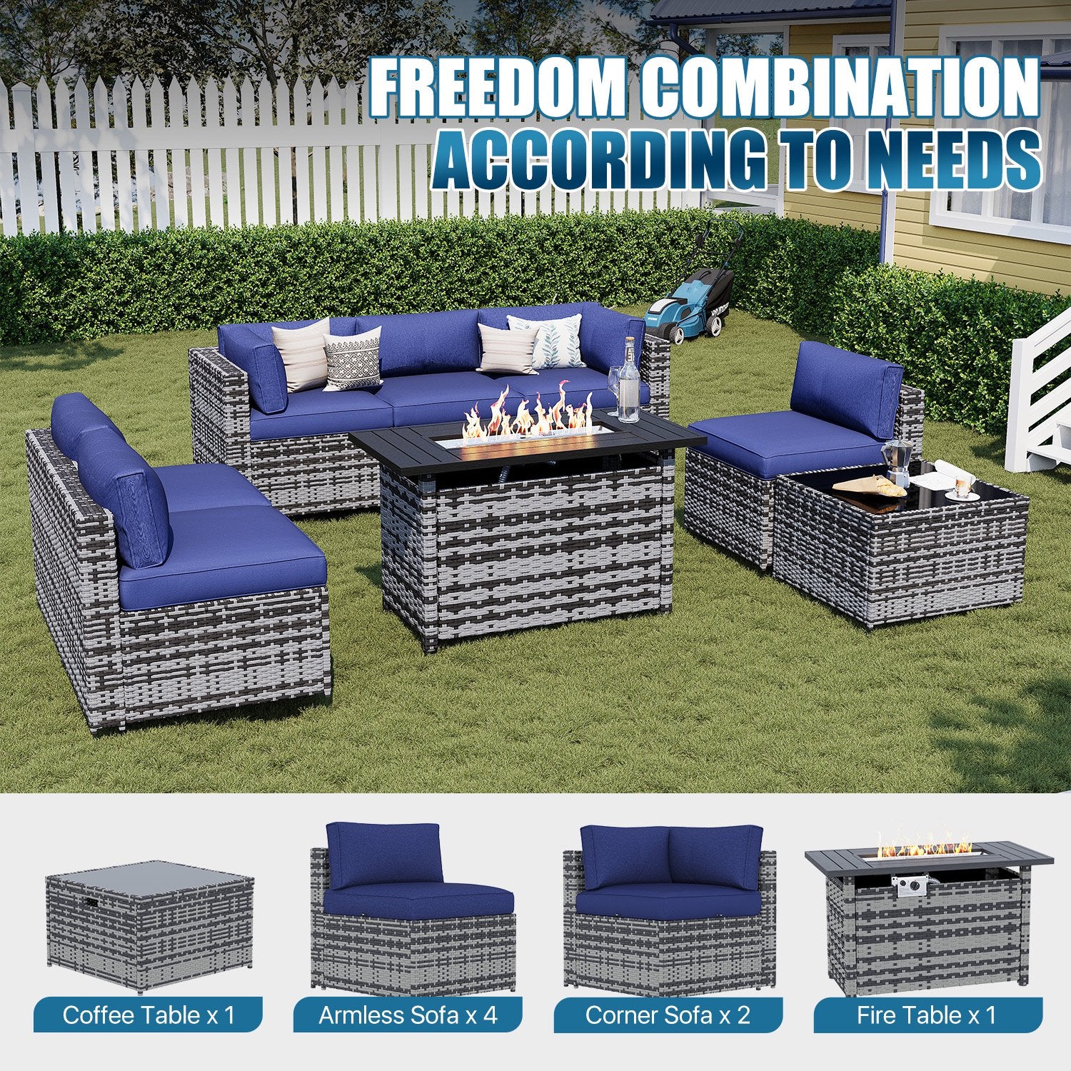 Sunmthink Patio Furniture Sets, 8-Piece Outdoor Patio Furniture with 44'' Propane Gas Firepit Table, Wicker Outdoor Conversation Set and Waterproof Cover for Backyard, Poolside, Garden
